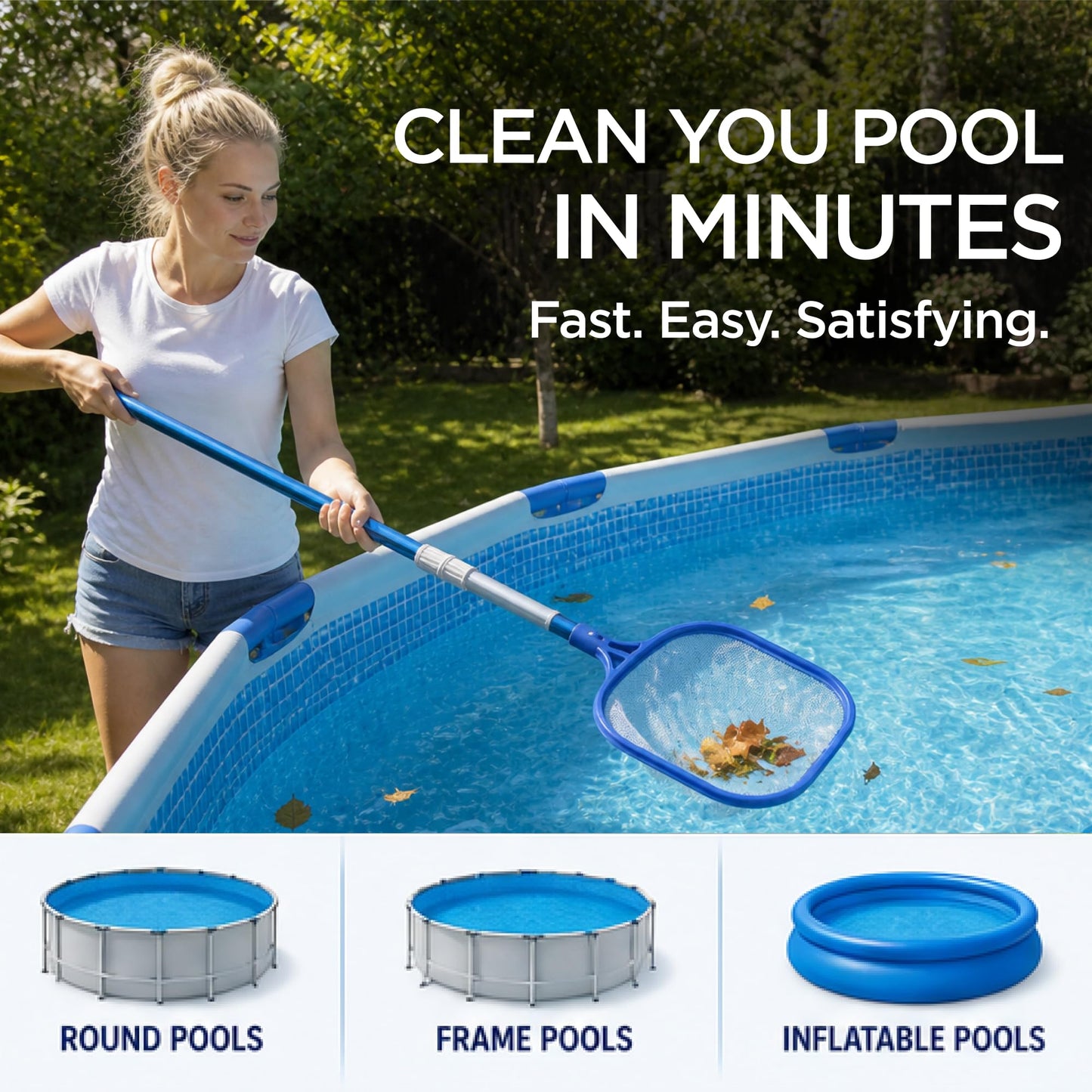 FibroPool Above Ground Pool Maintenance Kit – Telescoping Pole, Leaf Skimmer Net, Vacuum Head, Pool Brush, Floating Chlorinator & Test Strips – Easy Clean Kit for Inflatable & Soft-Sided Pools