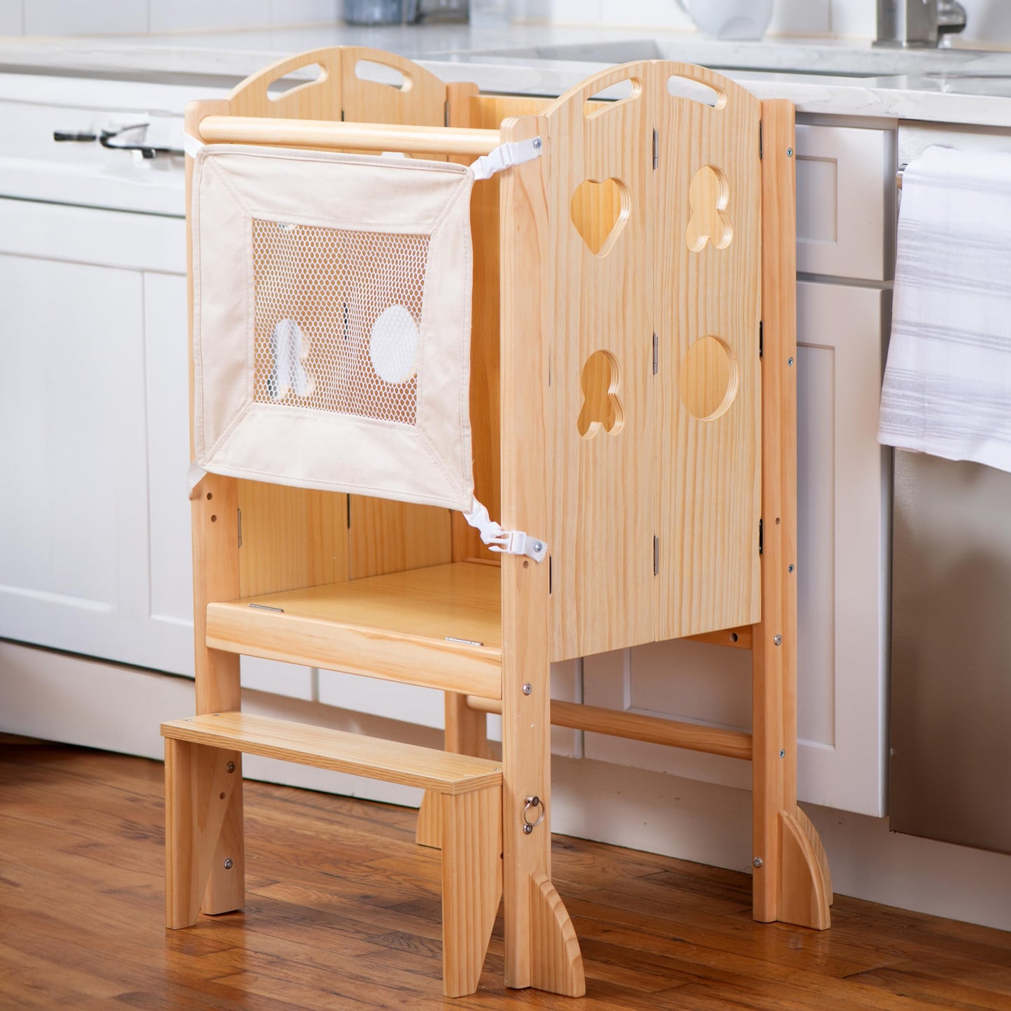 Avenlur Plum - 3 in 1 Foldable Kitchen Tower - Step Stool for Toddlers - Ideal for Kitchen, Living Room, Playroom, and More - with Integrated Chalkboard - Children Kitchen Stool, Natural