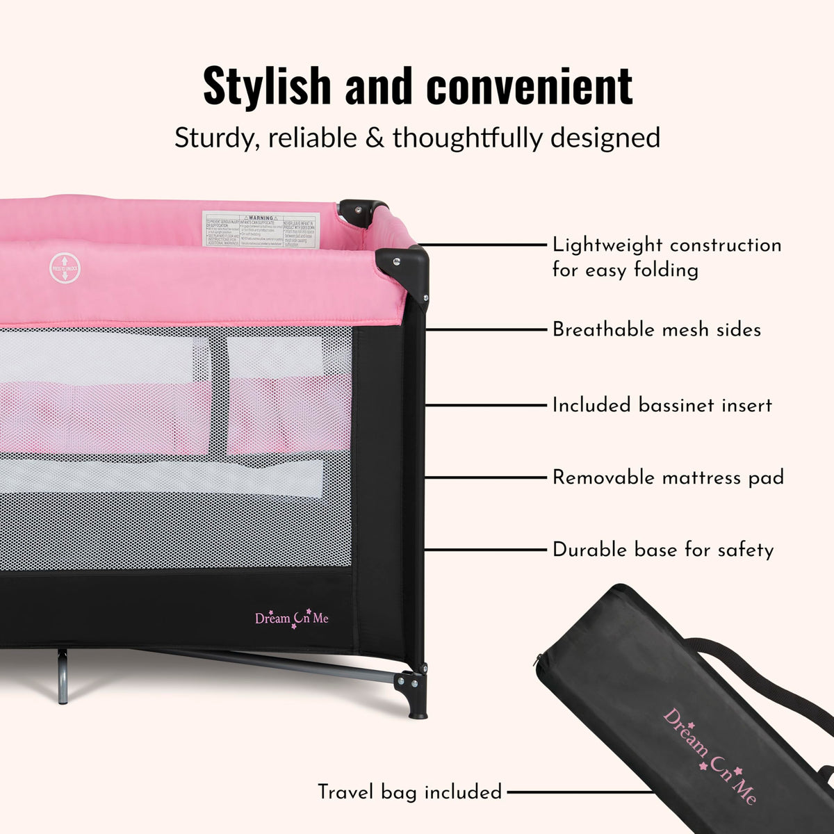 Dream On Me Zazzy Portable Baby Playard with Bassinet, Travel Carry Bag