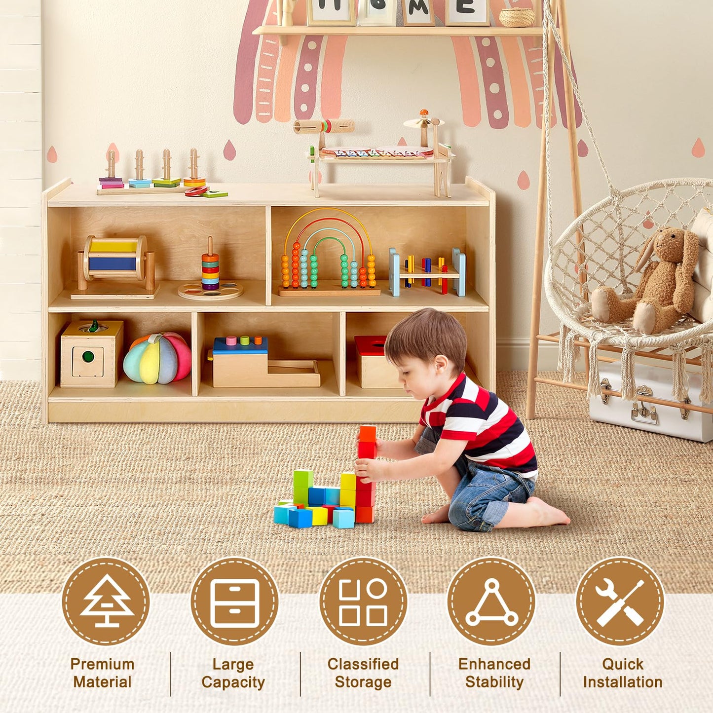 WINGYZ Wooden Storage Cabinet, 5-Section Montessori Bookshelf, Kids Toy Storage Organizer Book Shelf for Kids Rooms, Classroom, Playroom, Nursery, Preschool Book Shelves