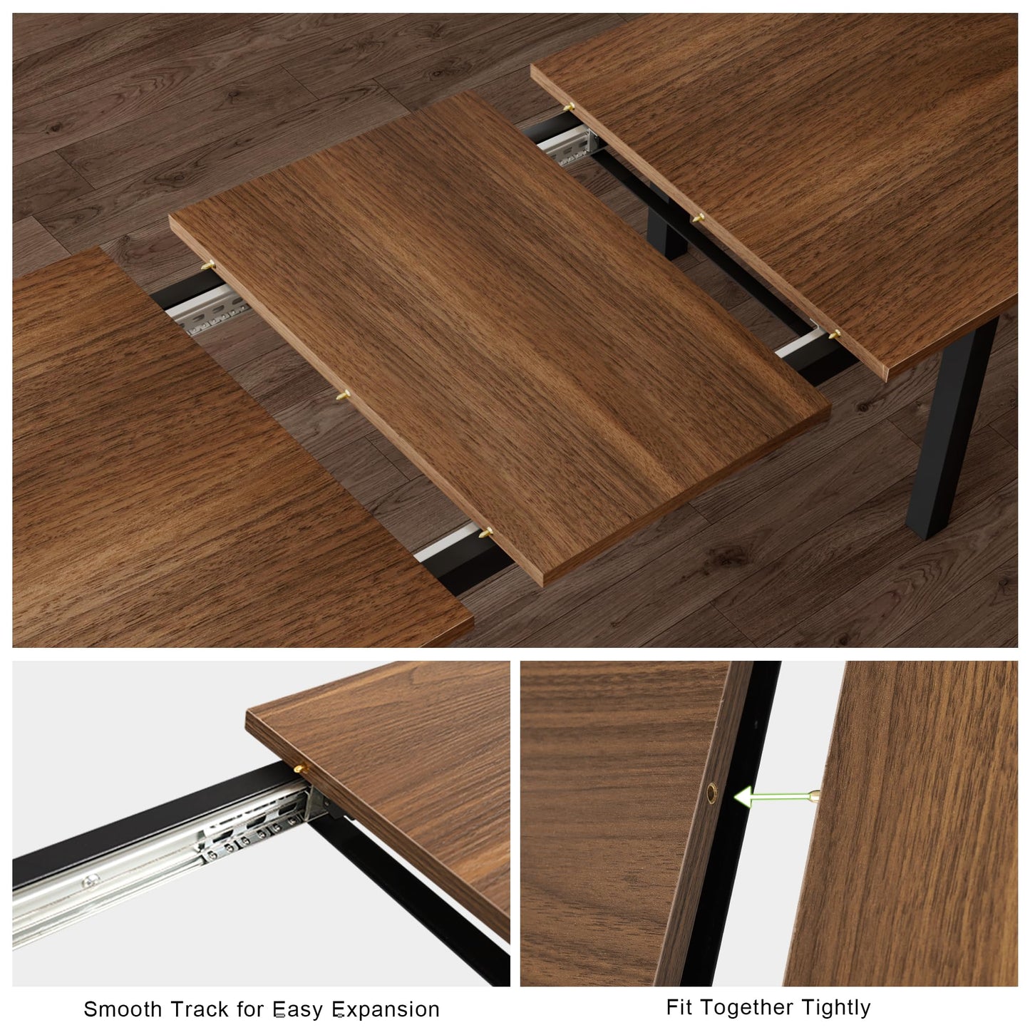 Feonase 5-Piece Dining Table Set for 4-8 People, 63" Extendable Kitchen Table with 2 Benches and 2 Square Stools, Mid-Century Modern Wooden Dining Room Table, Space-Saving, Walnut