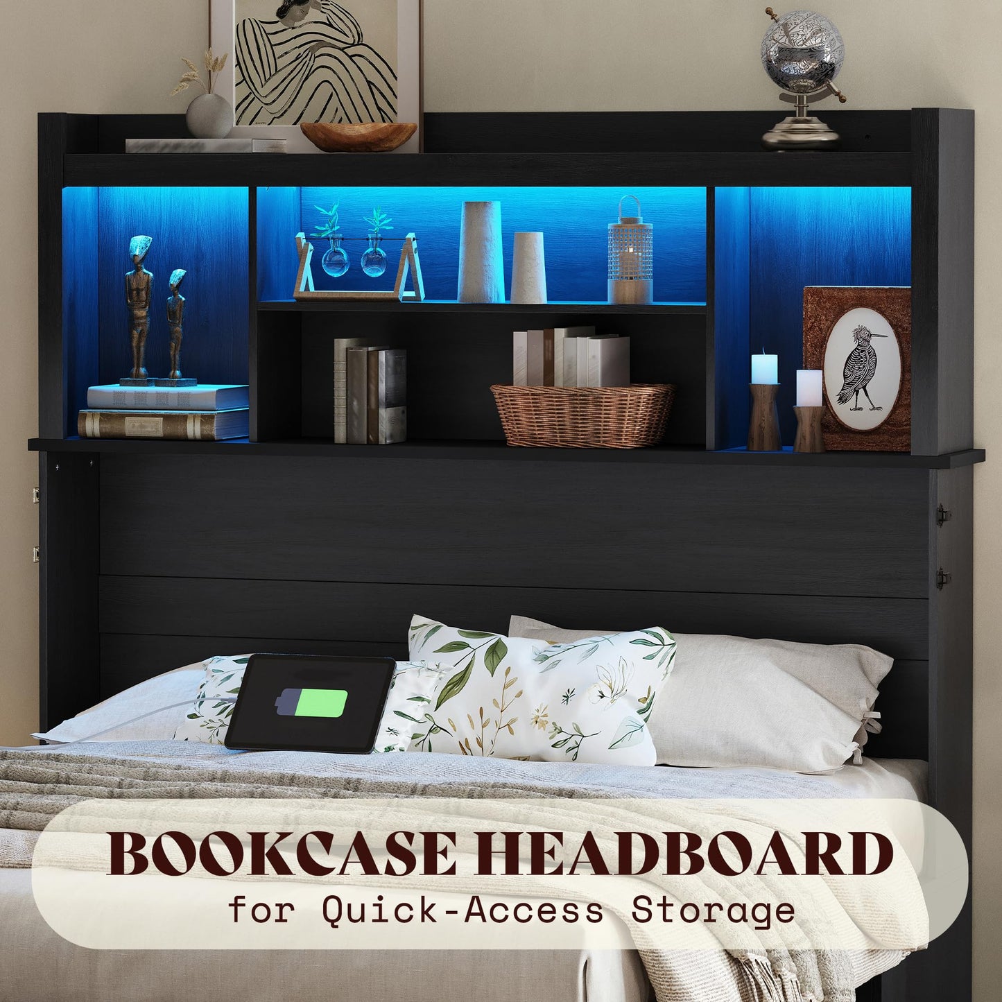 AMERLIFE Full Murphy Bed with Bookcase Headboard & LED Light, Farmhouse Cabinet Bed with Storage Drawer, Charging Station and Desk for Home Office/Guest Room/Small Spaces, Black