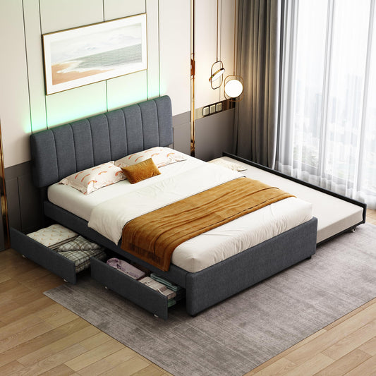 FAVSH Queen Size Upholstered Platform Bed with Trundle,2 Storage Drawers & USB/Type-C Charging,Linen Fabric Bed Frame with APP-Controlled LED Lights,No Box Spring Needed for Bedroom,Dark Gray