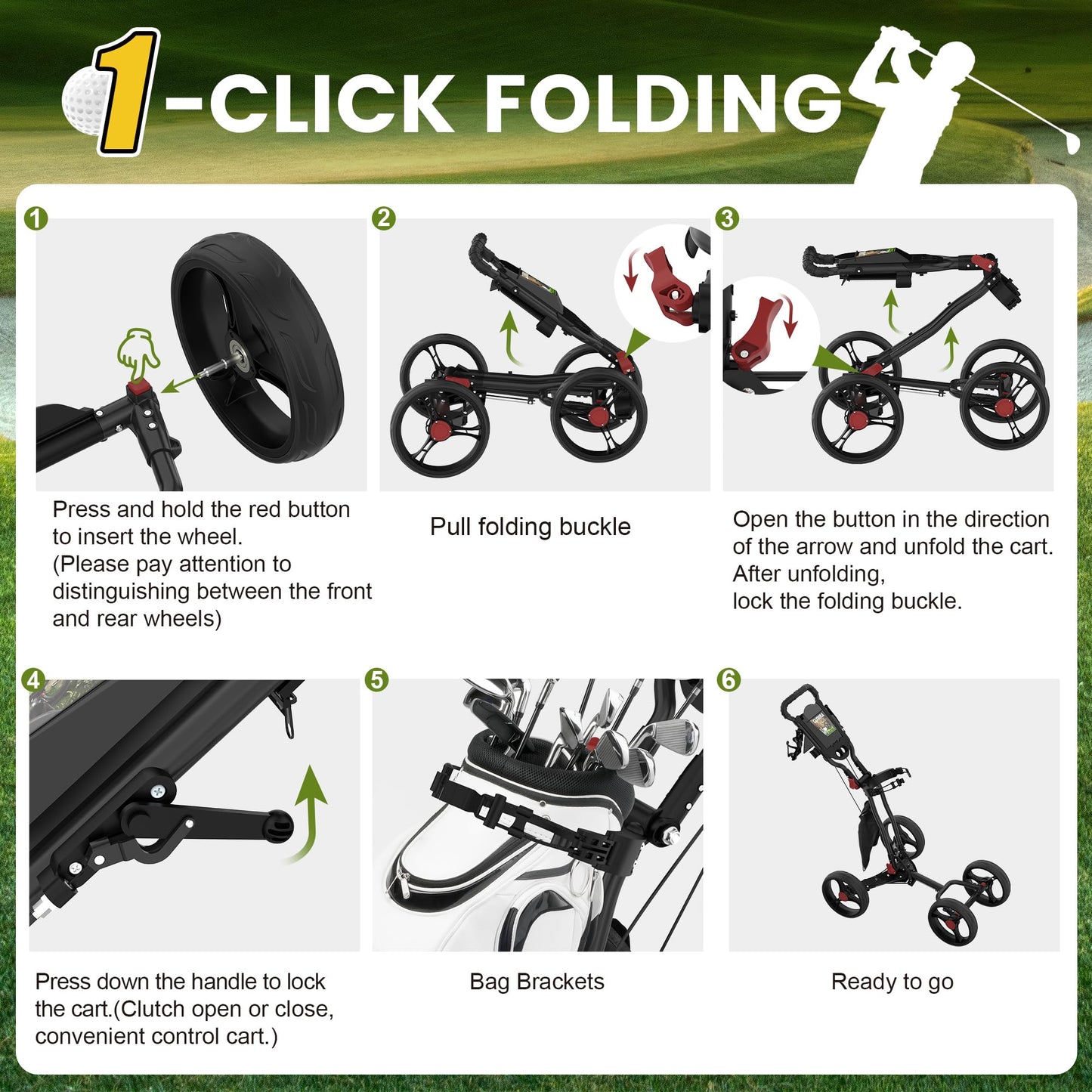 Clyvira 4-Wheel Golf Push Cart, 1-Click Folding, 300 lbs Load Capacity, Large Storage with Cup Holder, Cooler Bag, 10" Durable Wheels with Brake for All-Terrain, CruiseMaster V8 Golf Cart (Black)