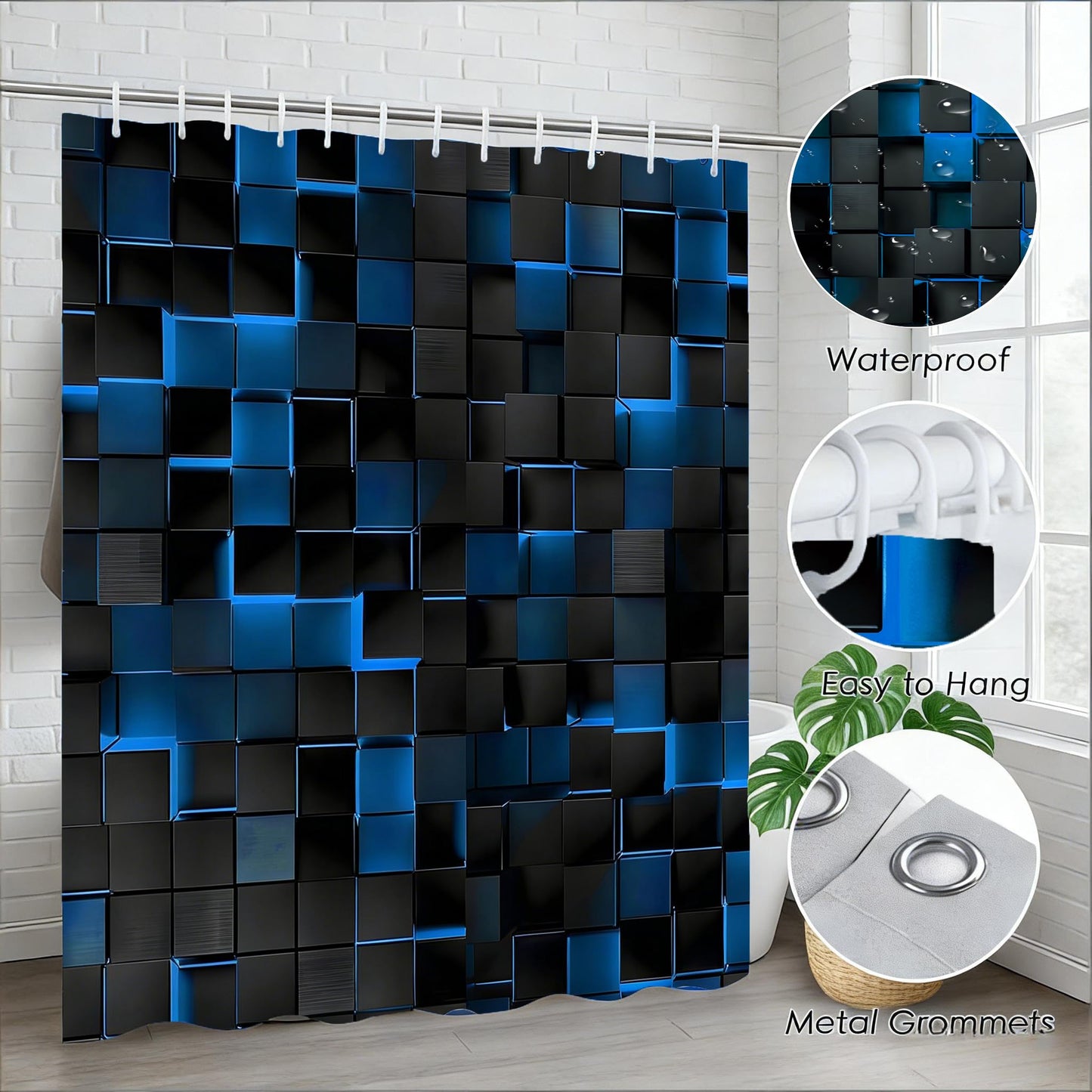 NBVKO 3D Cubes Shower Curtain，Blue Black Shower Curtains for Bathroom，Modern Bathroom Shower Curtain，Washable Fabric Bath Curtain 72''x72''