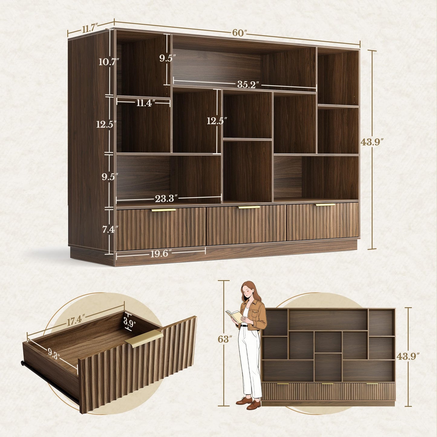 Perledesign Home Office Furniture Set, 67'' Standing Desk with 44'' Bookshelf, Electric Height Adjustable Desk with 2 File Cabinet, AC/USB and Bookcase with 3 Drawers, Fluted Style Black Walnut