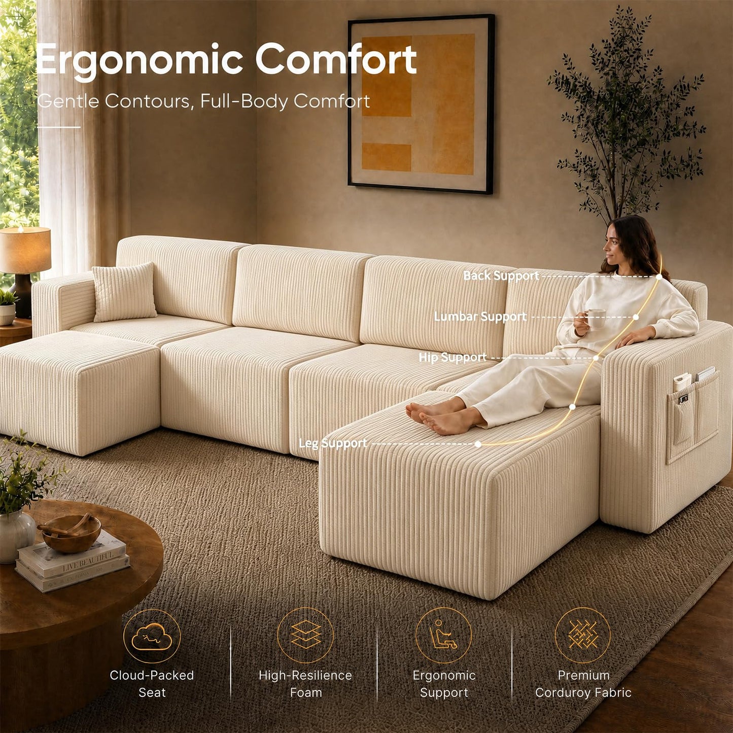 130'' Modular Sectional Couches for Living Room, Deep Seat Corduroy Convertible L Shaped Sofa with 2 Ottomans, Removable Cover, Side Storage Pockets & Adjustable Back Pillows, Beige