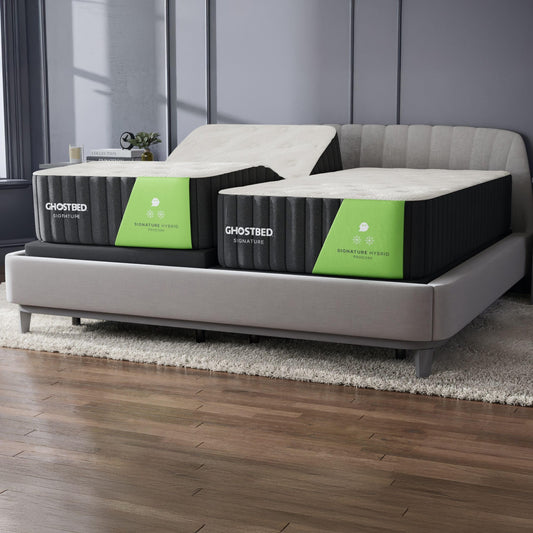 GhostBed Adjustable Base + Signature Hybrid 12” Split King Mattress Bundle – Cooling Memory Foam & Innerspring Hybrid Bundle – Electric Adjustable Bed Frame Power Base with Zero Gravity, Massage