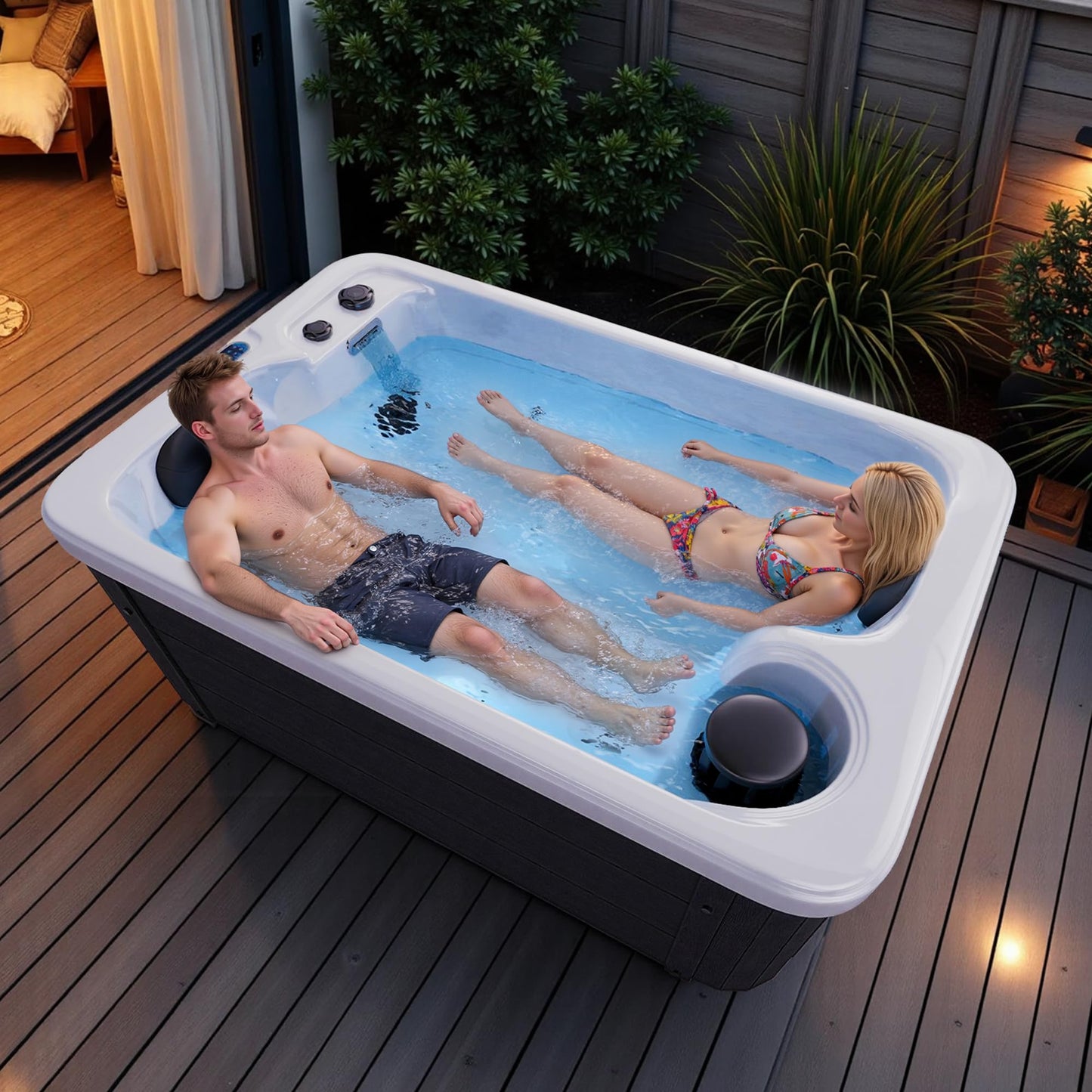 Jocisland 2 Person Outdoor Hot Tub with 15 Stainless Steel Jets, 110V Acrylic Plug & Play Hot Tub with LED Lights & Waterfall, Double Lounger Seat Spa with Cover, 2 Filters & 2HP Pump, Charcoal Gray