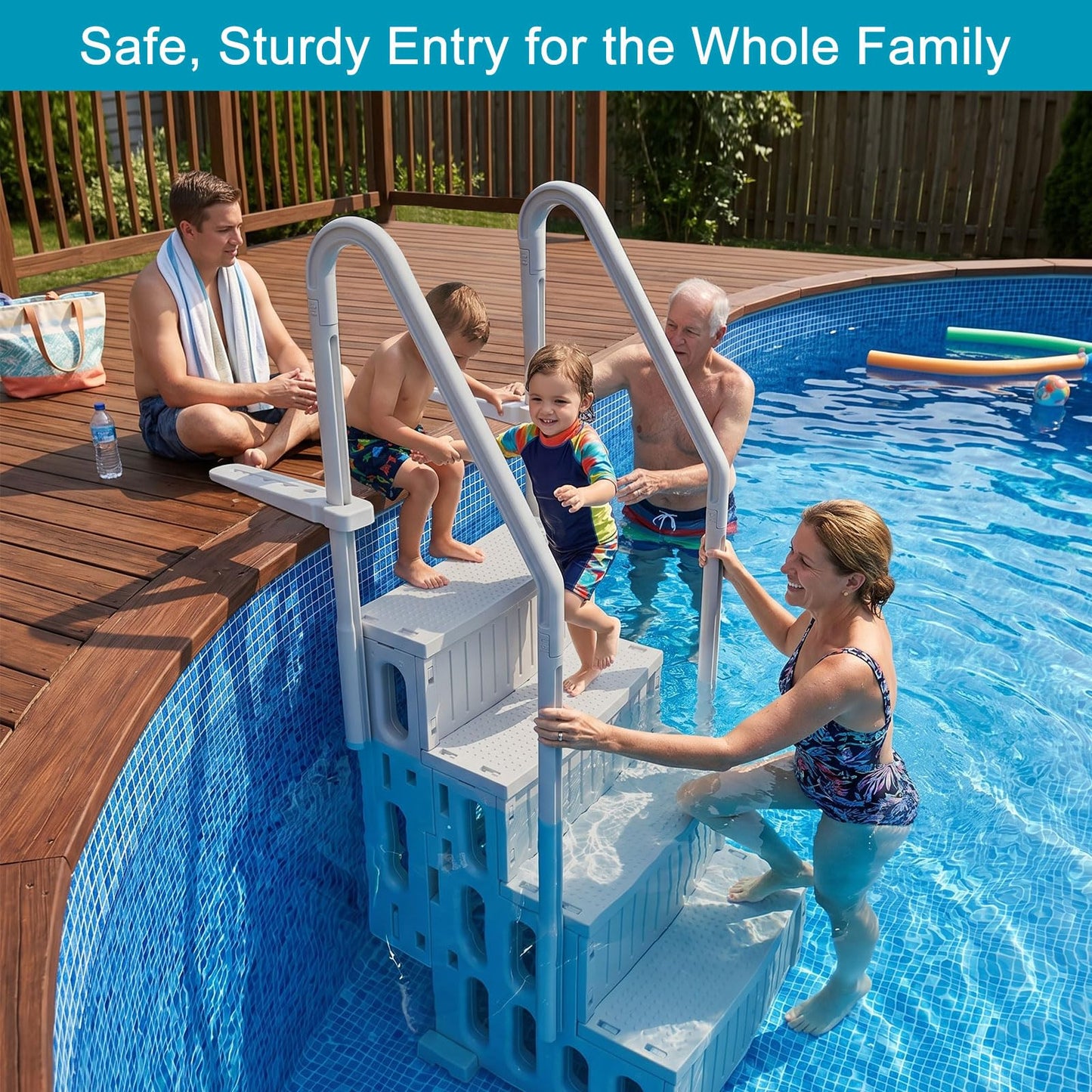 ROMIVO Pool Steps Above Ground with Handrails, 4-Step Above Ground Pool Ladder for 48"–56" Pools, Water-Fill Design, Anti-Slip Wide Treads, Video-Guided Easy Setup, Family Pool Entry Stairs
