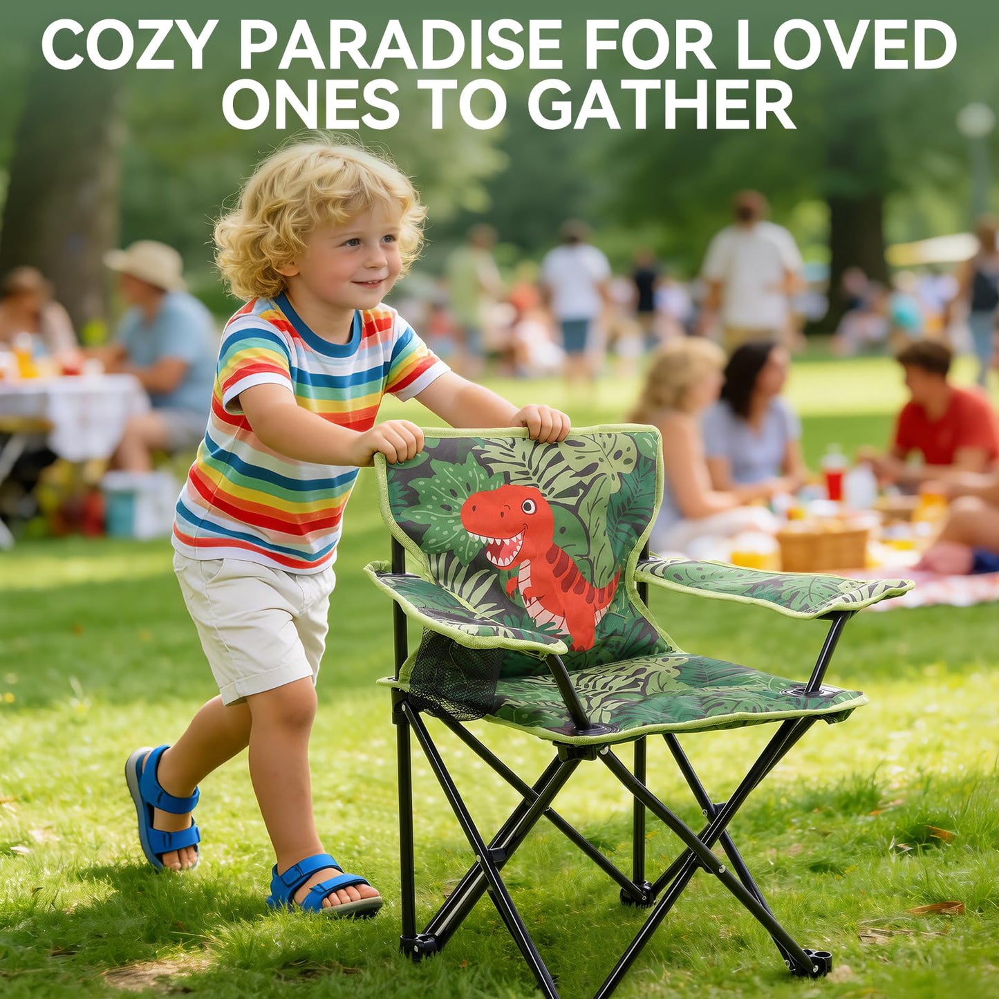 Huskfirm Padded Kids Camping Chair Folding Toddler Chair with Cup Holder & Safety Lock Portable Kids Beach Chair Ages 3-6 for Outdoor Camping Foldable Kids Chair Support 120lbs,Green Dinosaur