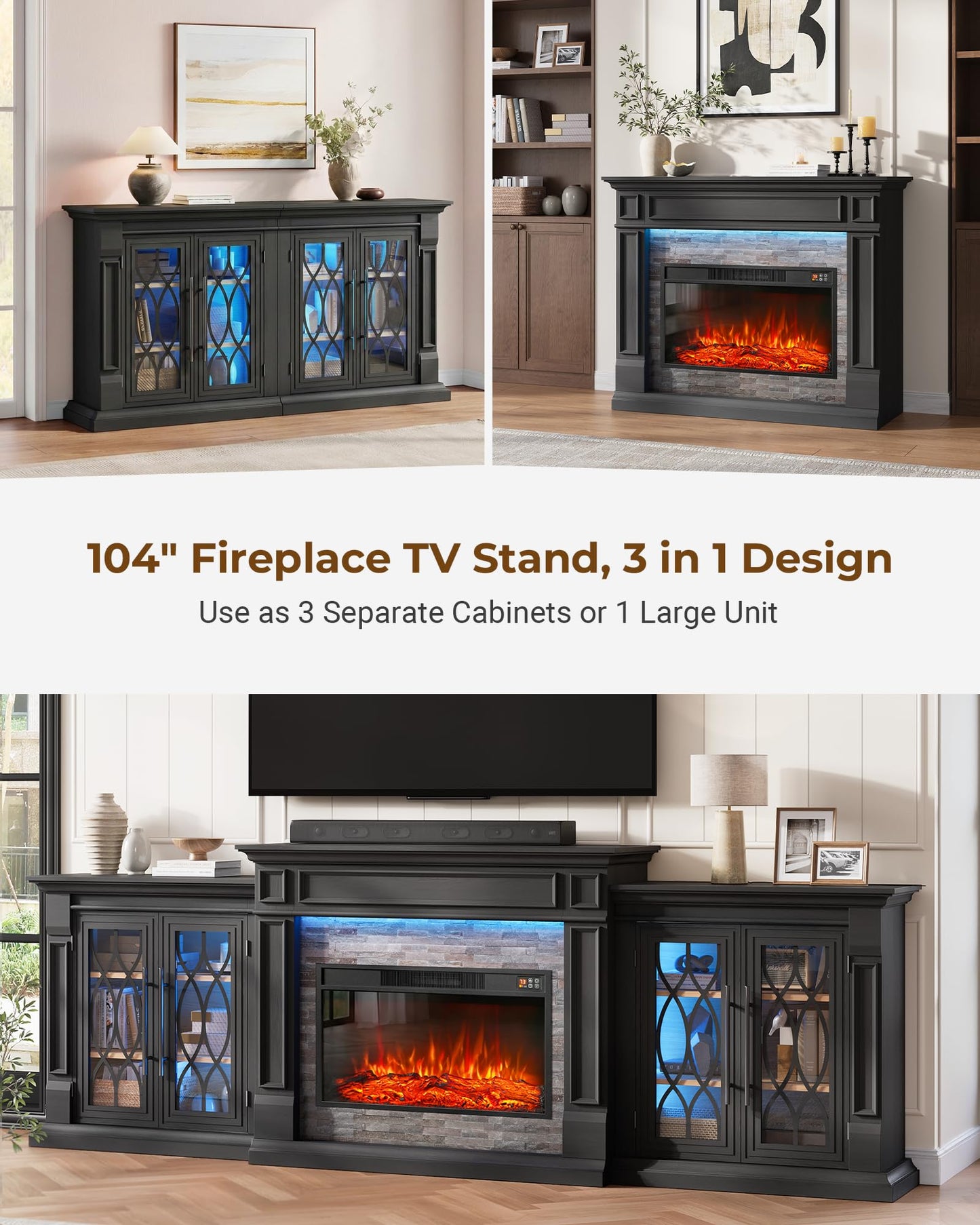 LGHM 104" LED Fireplace TV Stand with Outlet for TVs Up to 100 Inch, Electric Fireplace with Mantel, Entertainment Center with Storage, 30'' Fireplace Heater Insert with for Living Room, Black