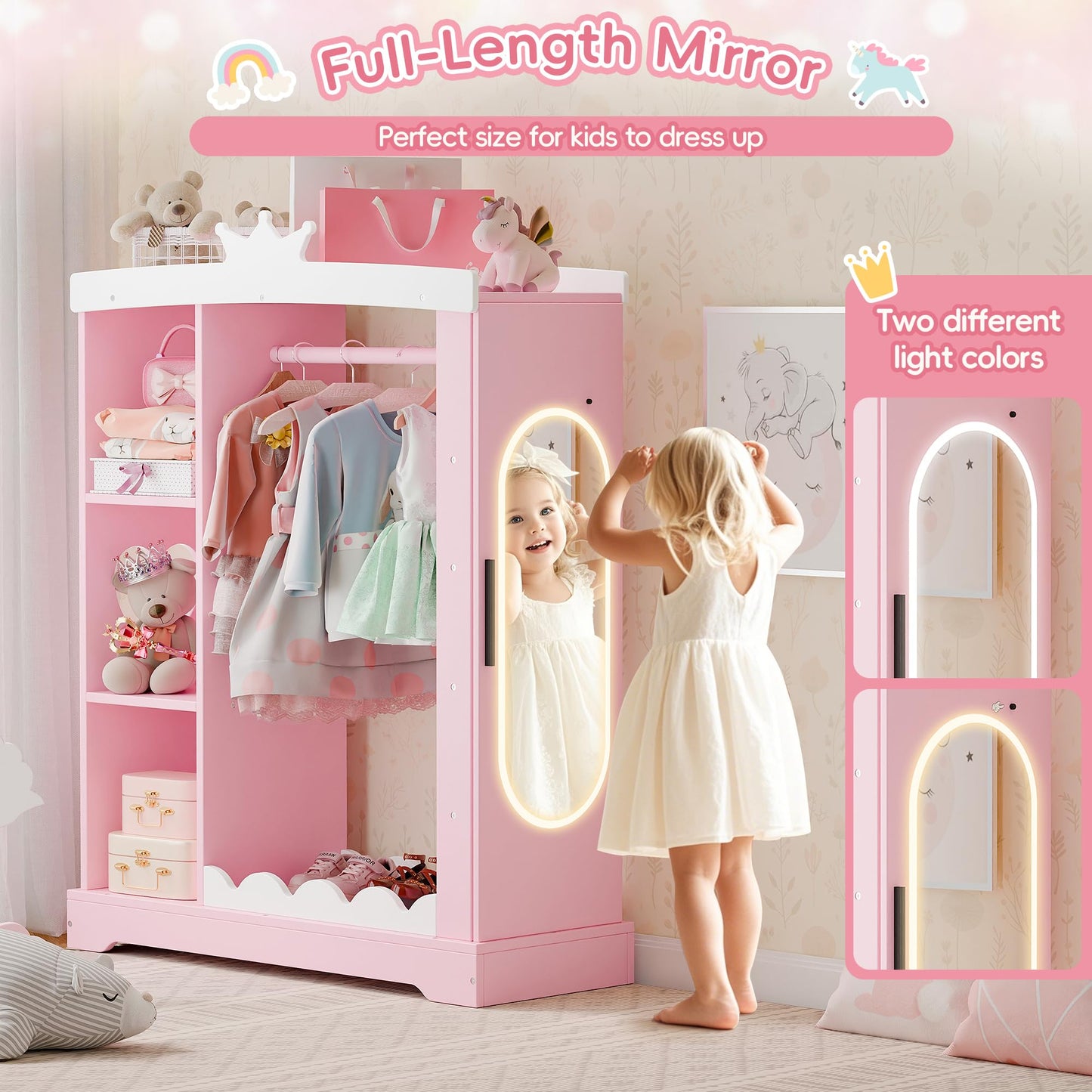 Xilingol Kids Armoire with Jewelry Cabinet, Dress up Storage with Mirror and Shelves, Princess Dress Closet and Costumes Wardrobe Closet, Costume Organizer for Bedroom, Kids Room, Girls (Pink)