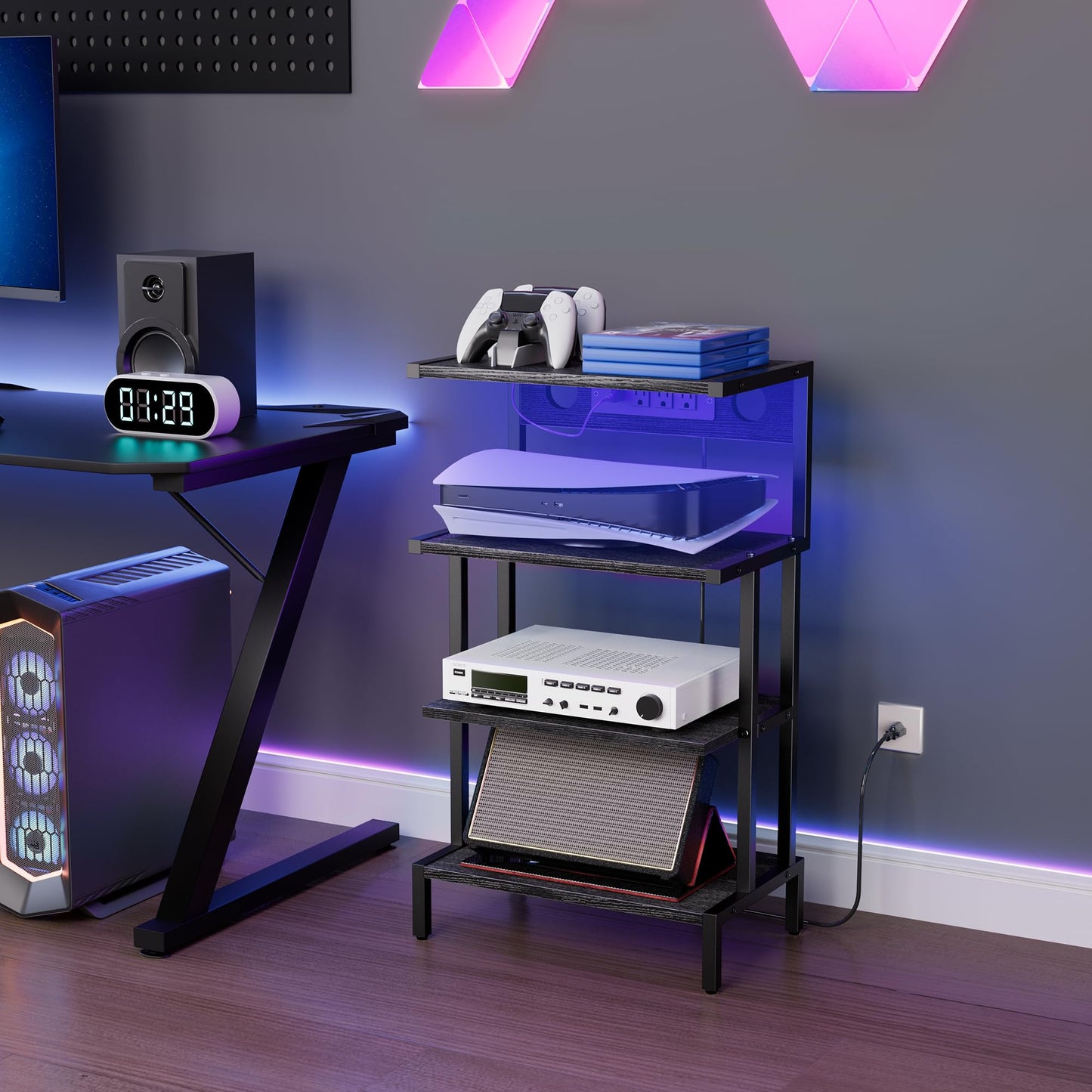 Aquzee Game Console Shelf, 4-Tier Video Gaming Consoles Stand with Outlet & RGB Light, Small Media Entertainment Center for Audio Stereo Storage Organizer Playroom Furniture, Stereo Stands and Racks