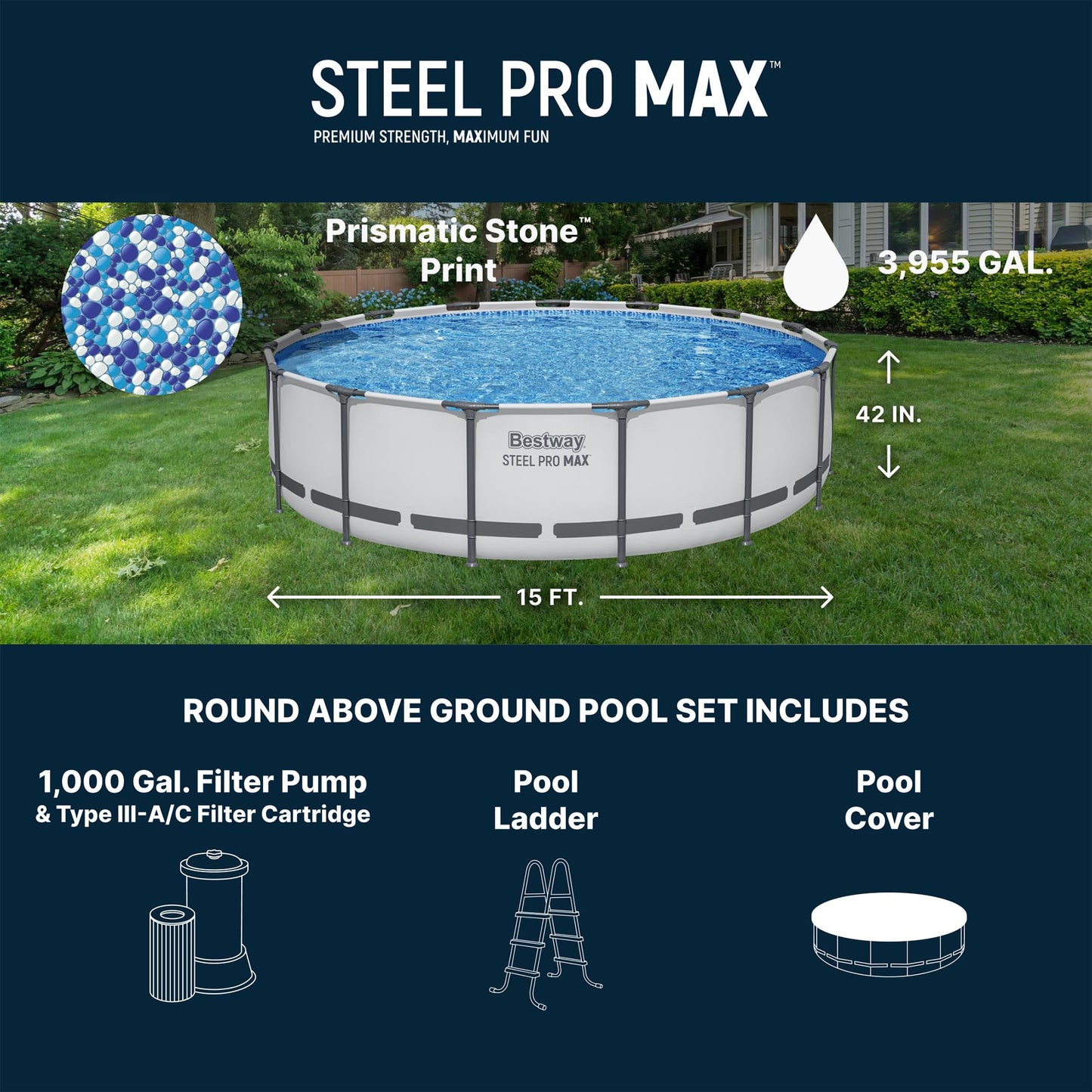 Bestway Steel Pro MAX 15' x 42" Above Ground Pool, Round Metal Frame Outdoor Swimming Pool Set with Filter Pump, Ladder, and Cover, Gray