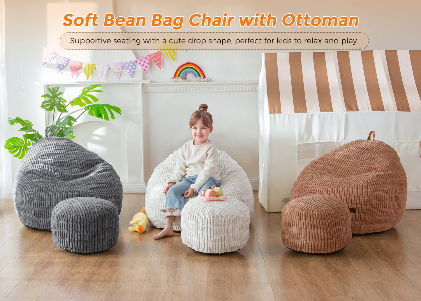 MAXYOYO Kids Bean Bag Chair with Ottoman, Soft Plush Bean Bag Sofa with Removable Cover for Boys and Girls, Convenient Floor Seat with Handle, Comfy Toddler Lounge Chair for Playroom, Bedroom