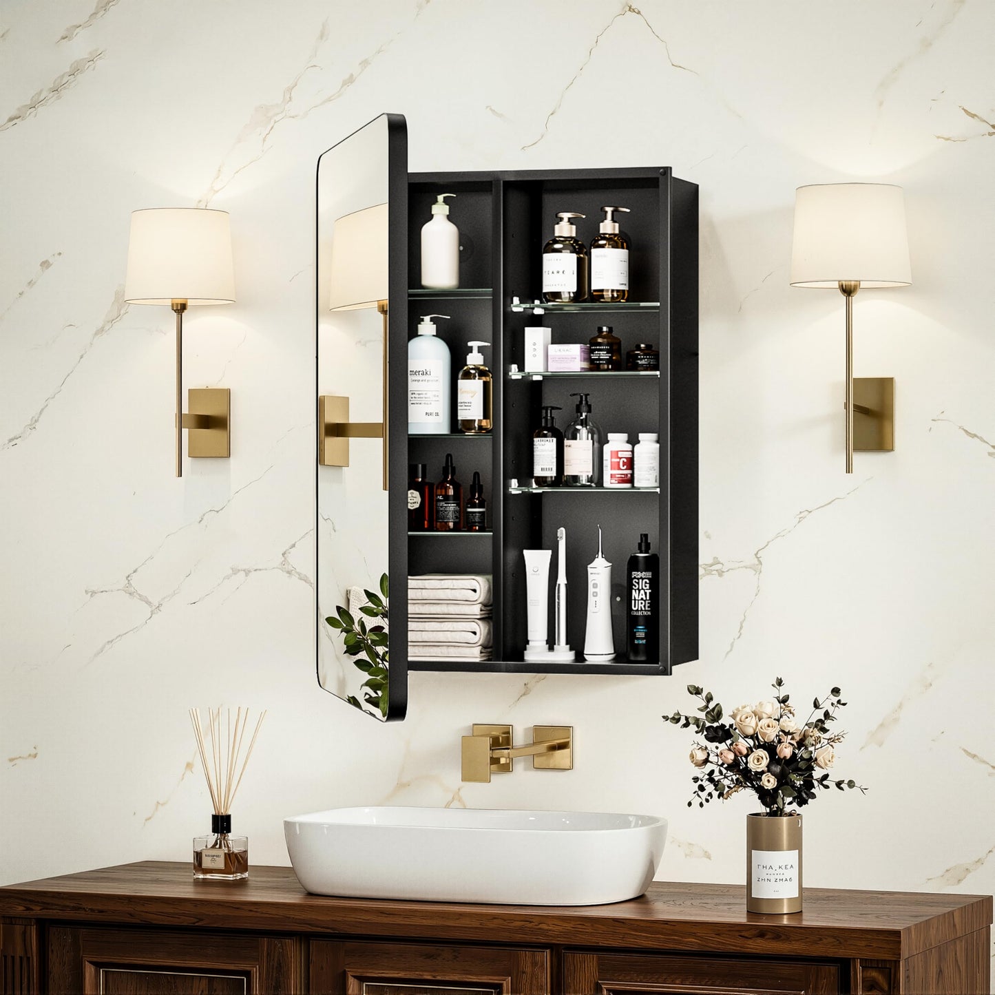 GoTiling 16x24 Medicine Cabinet with Mirror, Aluminum Bathroom Wall Organizer, Pre-Assembled, Center Partition for Tall Bottles, 6 Adjustable Shelves, Soft-Close, Recessed/Surface Mount, Matte Black