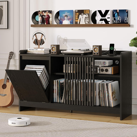 ONBRILL 48" Record Player Stand w/Flip-Out Storage Cabinet, Sliding Door