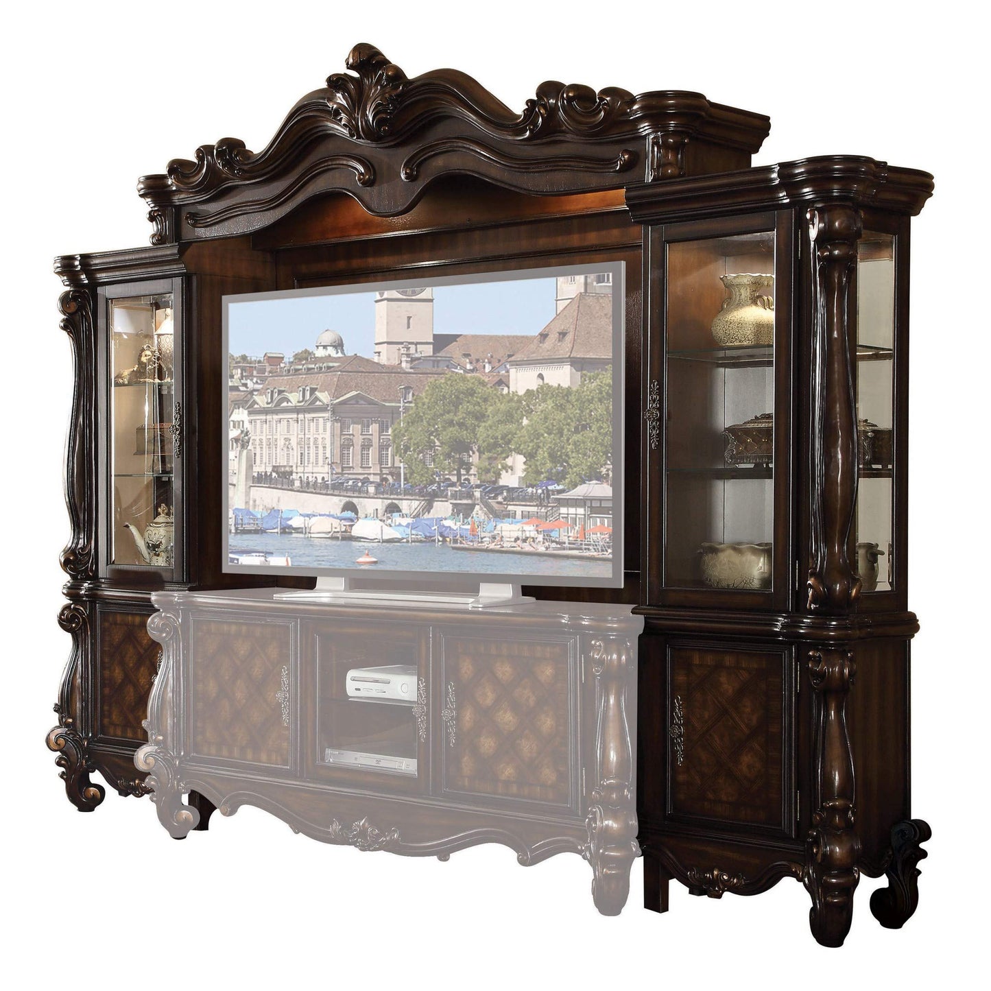HomeRoots Decor 21-inch X 118-inch X 95-inch Cherry Oak Wood Poly Resin Glass Entertainment Center