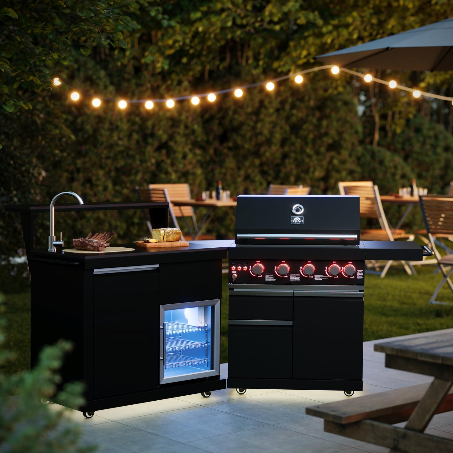 Forno All’Aperto 62,600 BTU Outdoor BBQ Grill Station w/ 3 Stainless Steel Burners, Infrared Burners, Sink Module, Black Sintered Stone Countertops, Rotisserie Kit, Bar & Beverage Center - Black