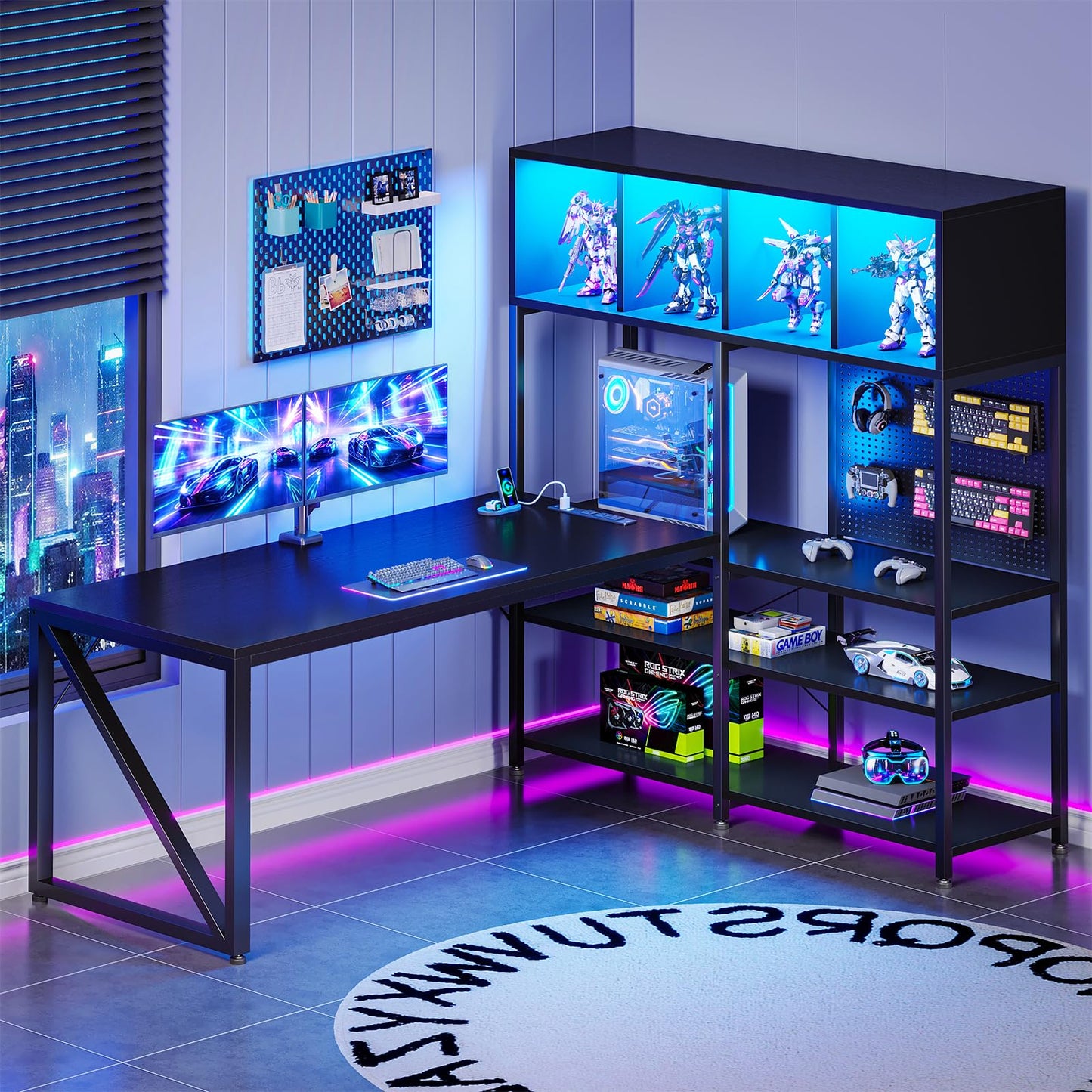 AODK 63" L Shaped Gaming Desk with Display Hutch and Large Desktop, Black