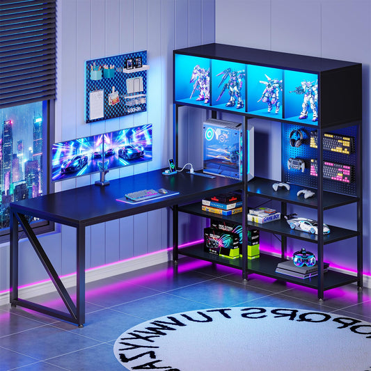 AODK 63" L Shaped Gaming Desk with Display Hutch and Large Desktop, Black