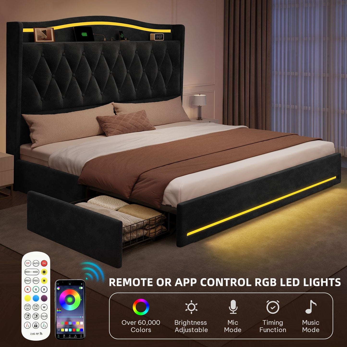 YITAHOME King Size Bed Frame with 4 Storage Drawers and RGB LED Lights