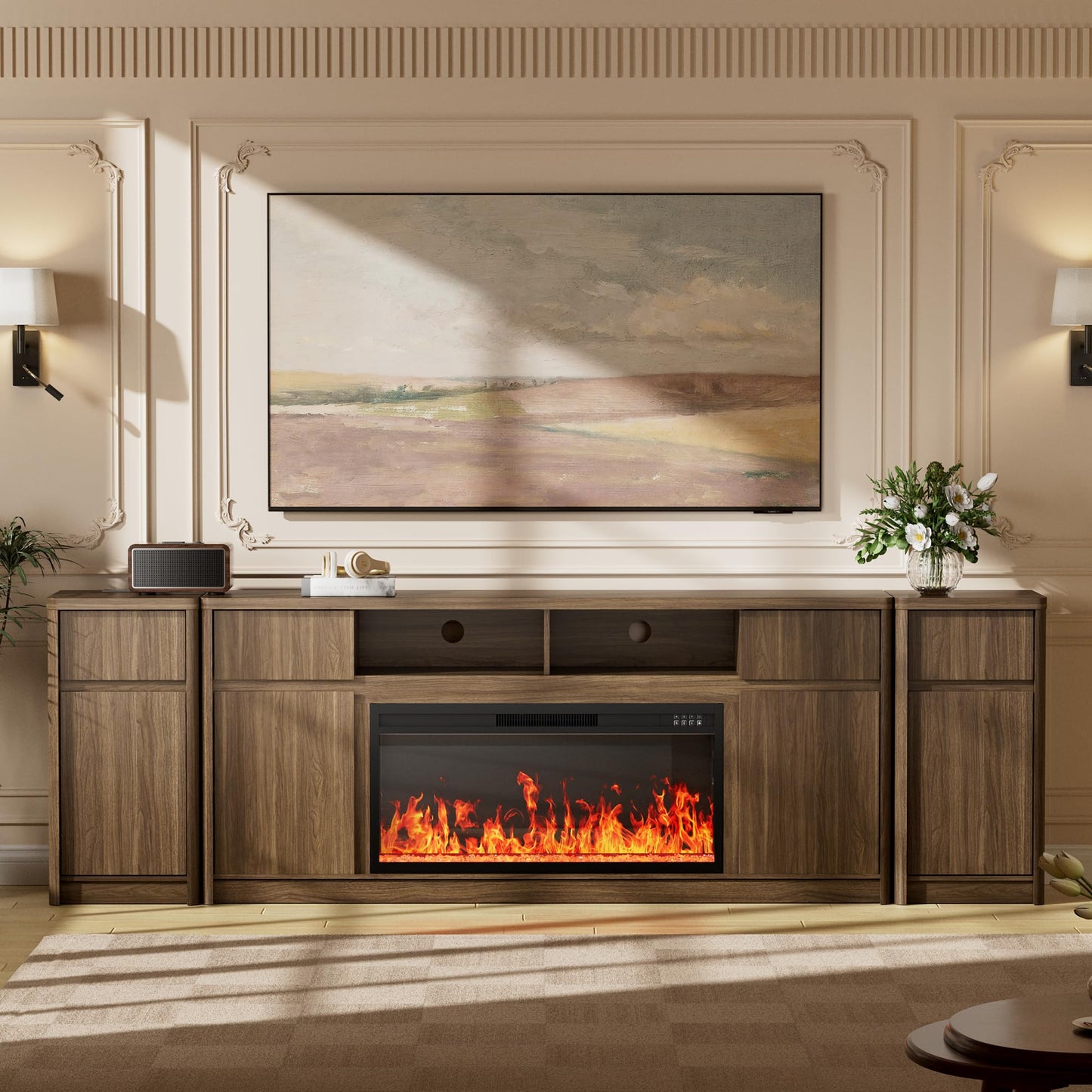 100”Fireplace TV Stand w/Drawer,Fluted Entertainment Center,36" Fireplace w/LED Flame,Fits TVs Up to 100",Modern Media Console with Storage Cabinet & Adjustable Shelves,Living Room,Walnut