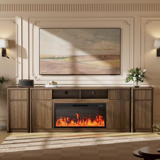 100”Fireplace TV Stand w/Drawer,Fluted Entertainment Center,36" Fireplace w/LED Flame,Fits TVs Up to 100",Modern Media Console with Storage Cabinet & Adjustable Shelves,Living Room,Walnut