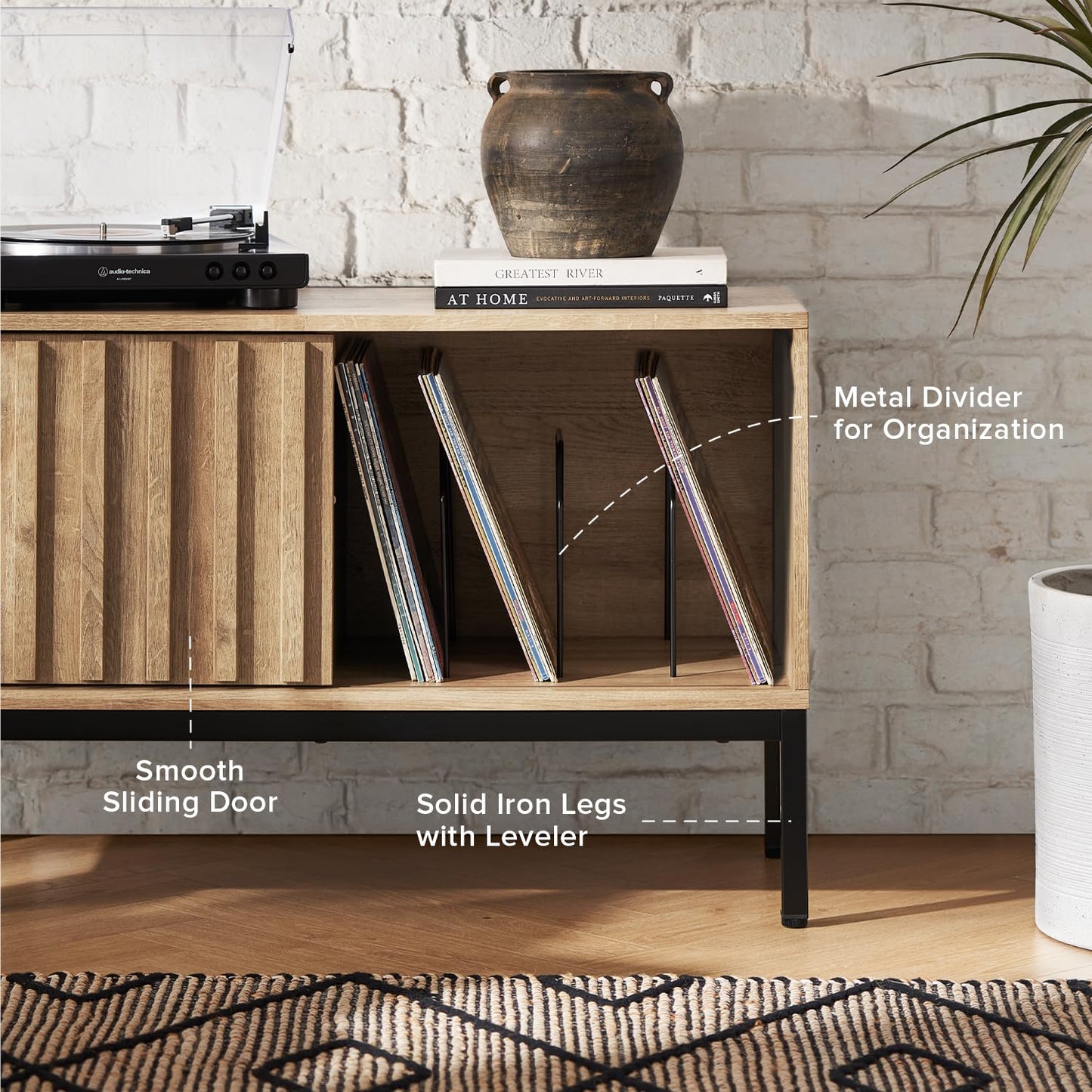 mopio Norwin Record Player Stand, 120 Albums Vinyl Record Storage, Turntable Stand, Media Stereo Storage Cabinet, Small TV Table, Removable Dividers, Fluted Sliding Door, Metal Legs, Living Room