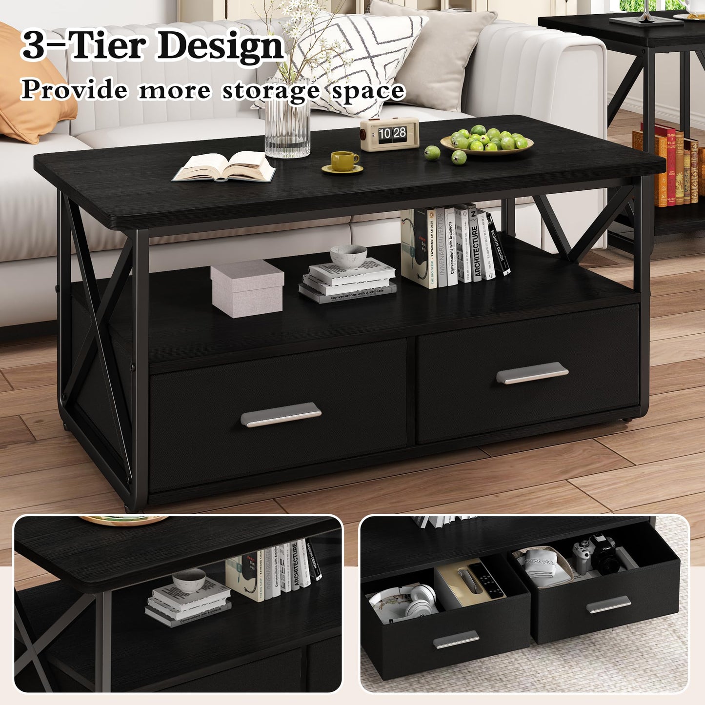 DKLGG 3 Piece Coffee Table Set for Living Room with Fabric Drawers and Storage Shelves, Rustic Wood and Metal Frame, Industrial Farmhouse Table with 2 End Tables for Small Spaces, Apartment, Black