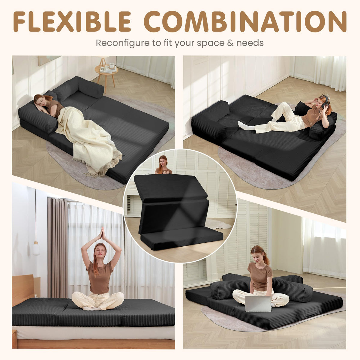 Convertible Sofa Bed Queen,5-in-1 Tri-Fold Boneless Couch with Removable Armrests & Handle,Corduroy Futon Sleeper Sofa,Floor Folding Mattress Pull Out Bed for Small Space Living Room Bedroom,Black