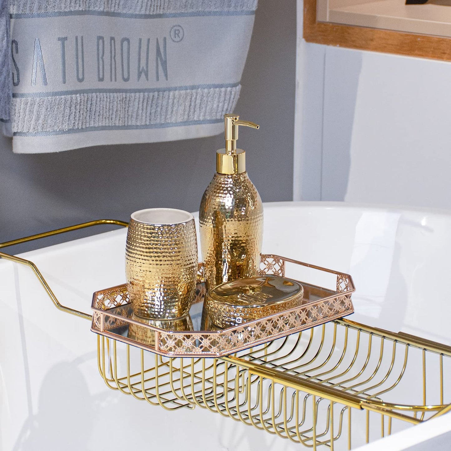Gold Bathroom Accessory Set - 3 Piece Decorative Ceramic Bathroom Accessories Sets with Lotion Soap Dispenser, Toothbrush Holder/Tumbler and Soap Dish, Golden Gift Set for New Home Decor