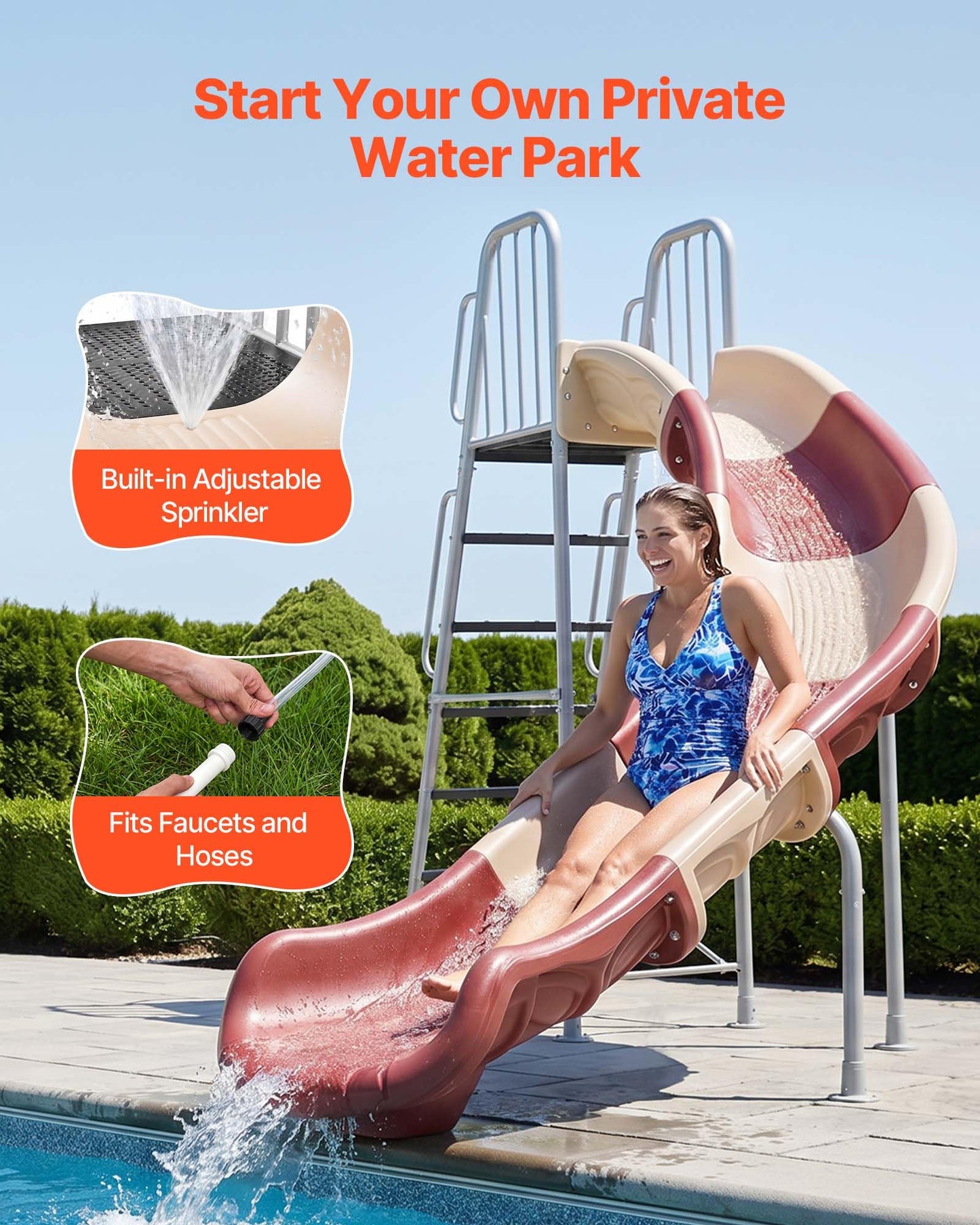 VEVOR Water Slide, Big 10 ft Outdoor Curved Waterslide with Built in Adjustable Sprinkler and Ladder, Free Standing Pool Slide, Metal & Plastic Playground Equipment, Platform for Backyard Fun