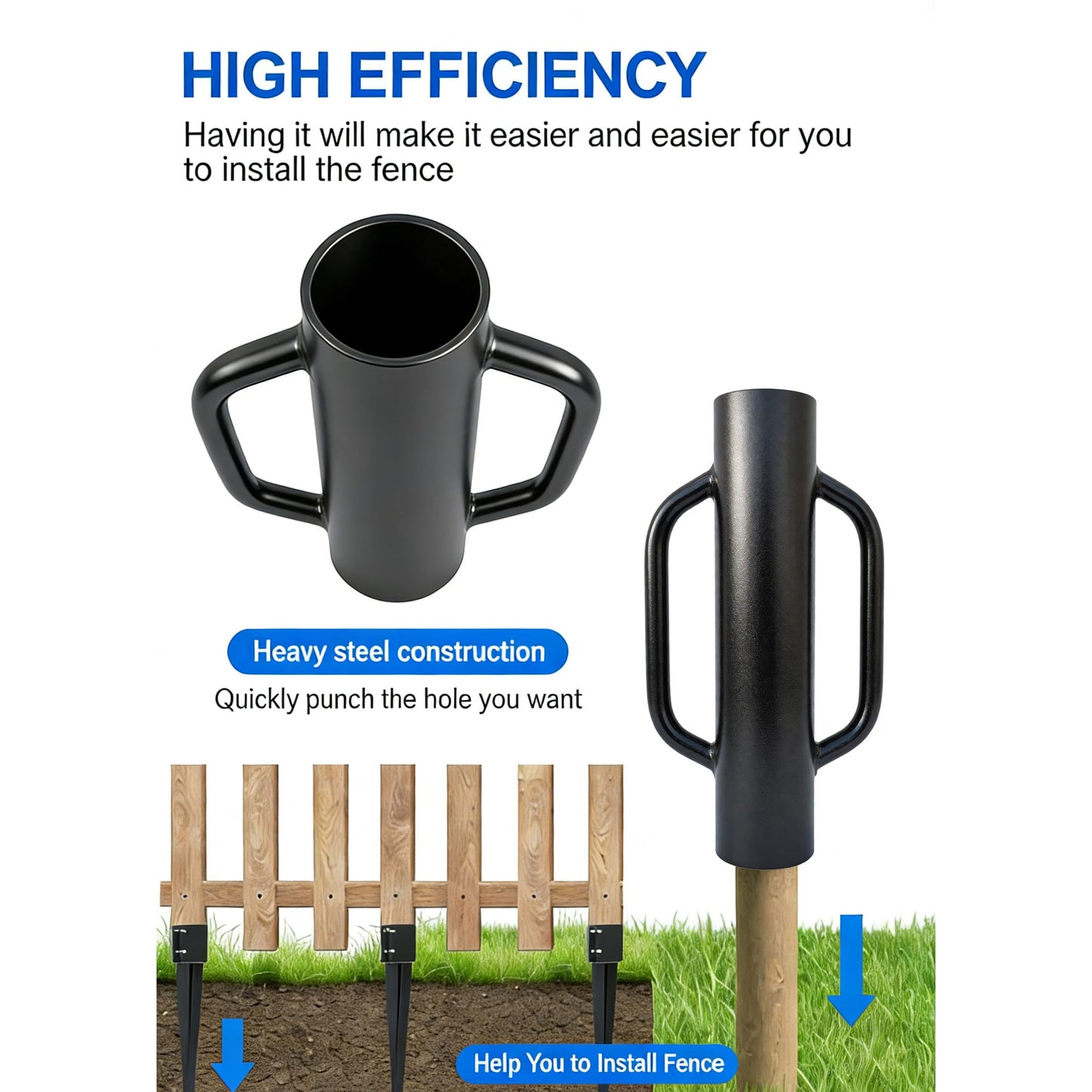 MTB Garden 1 Pack 16 inch Portable Post Driver with Handle, 8LB Black Iron T Post Digger Hand Post Rammer for Installing Fences, Fence Post Pounder Good for Small Projects