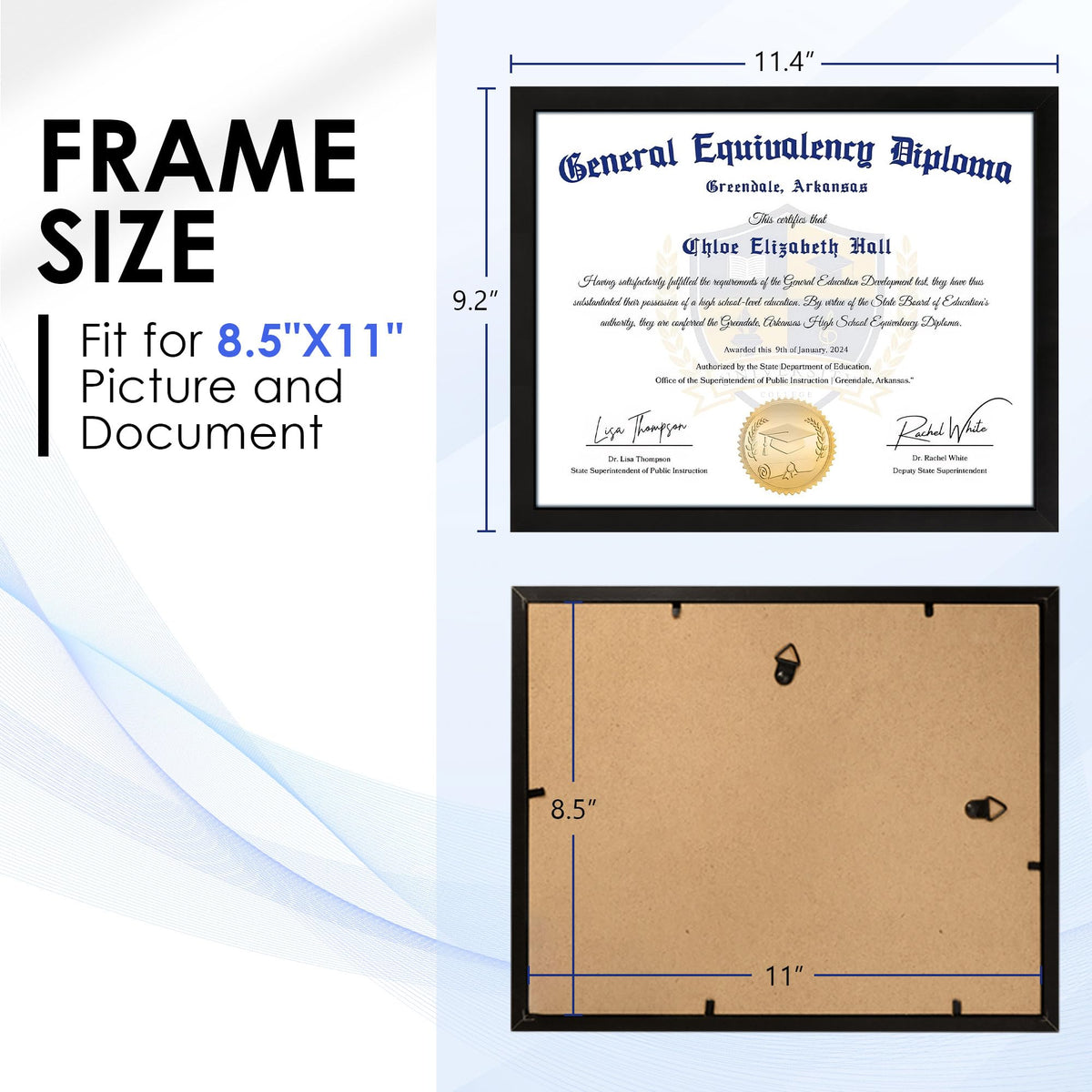 FIXSMITH 8.5x11 Diploma Frame, Black Picture Frames with Clear Plexiglass, 2 Pack Certificate Frames for Wall Display, 8.5x11 Document Frame, High School Diploma Frame