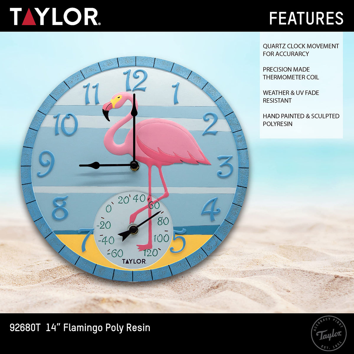 Taylor 14 Inch Resin in/Out Clock with Thermometer - Flamingo