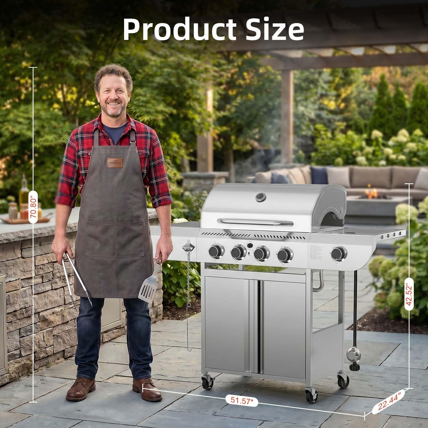COWSAR 4-Burner Gas Grill, 42000 BTU BBQ Grill, Stainless Steel Barbecue Grill with Side Burner, Enameled Cast Iron Grill, Pull-Out Oil Tray, Suitable For Outdoor, Backyard Barbecues