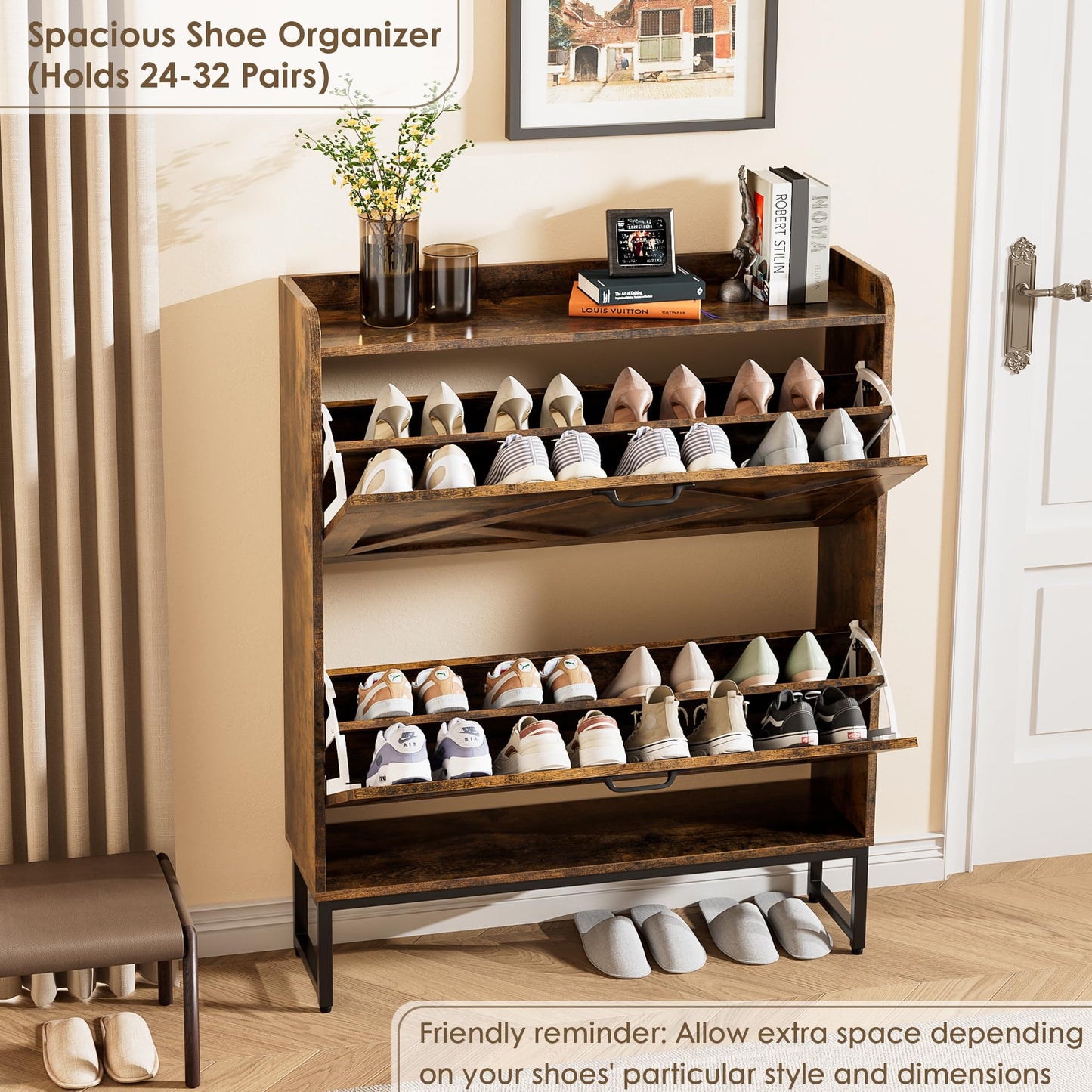 Nicetree Shoe Cabinet Organizer with 2 Flip Drawers, Freestanding Narrow Rack with Metal Legs, Farmhouse Slim Shoe Storage for Entryway, Foyer, Hallway, Rustic Brown