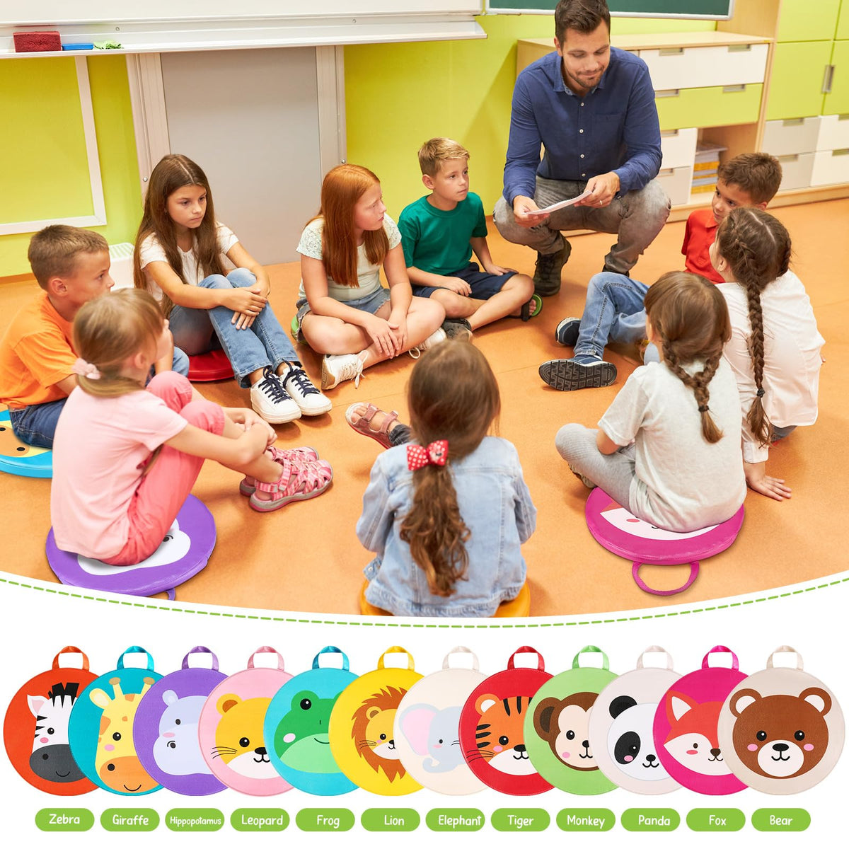 Suzile 12 Pcs Kids Floor Cushions Circle Seats for Classroom Flexible Round Circle Time Rug Mats with Handle Soft Waterproof Pillows Carpet for Elementary Daycare Preschool Kindergarten(Animals)