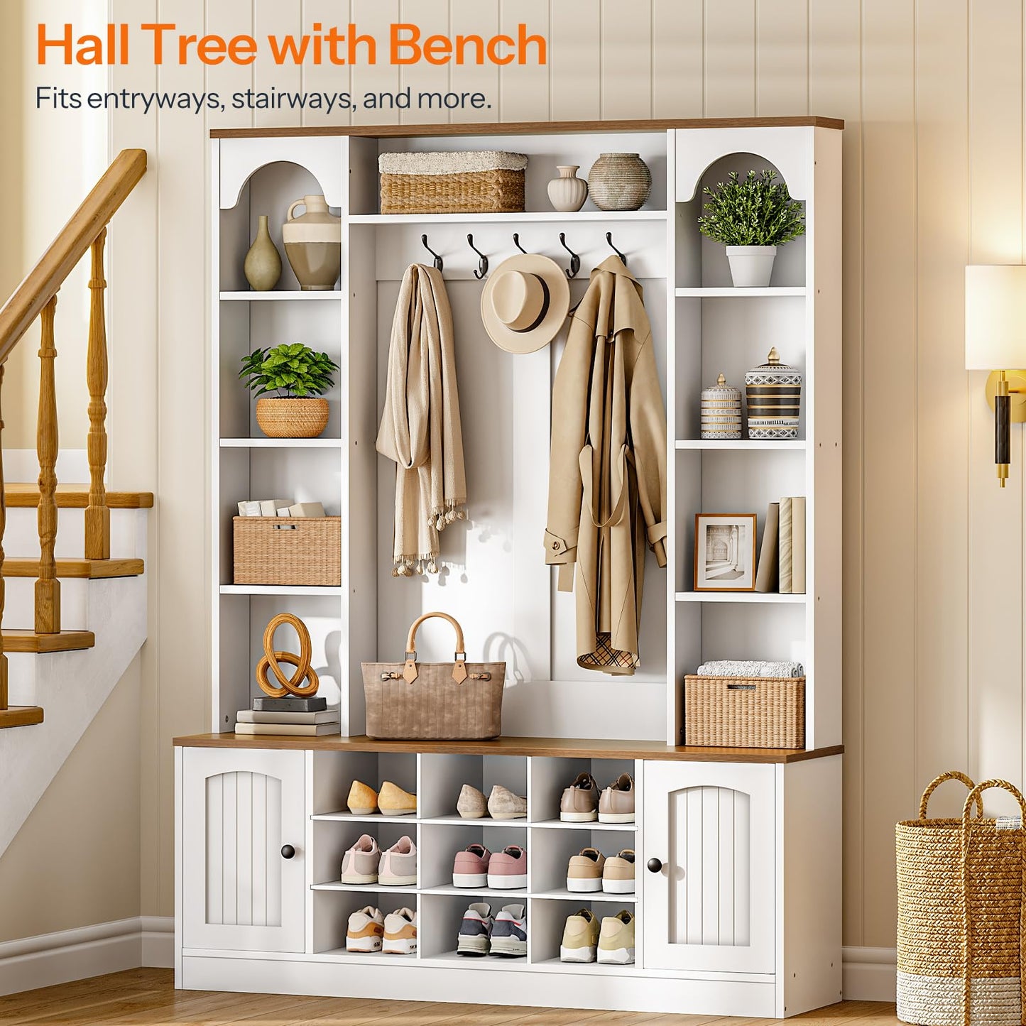HOOBRO Hall Tree with Bench and Shoe Storage, 51" Entryway Bench with Coat Rack, Farmhouse Entryway Organizer with 5 Hooks, 8 Open Compartments, 9 Shoe Cubbies, for Hallway, White and Walnut WH180MT01
