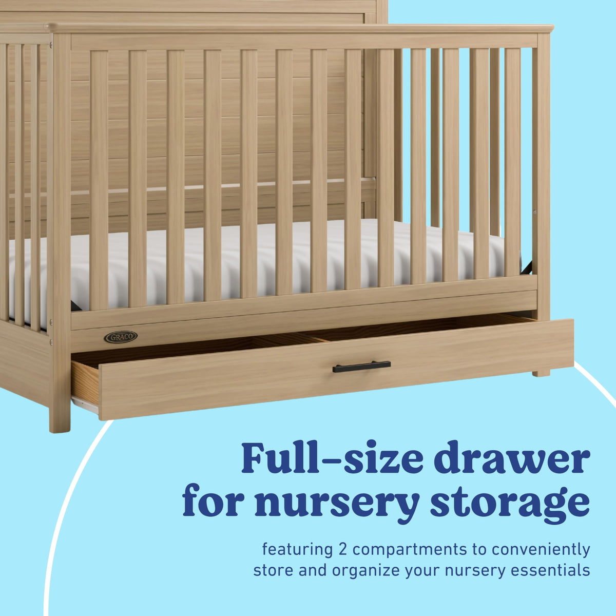 Graco Tristan 5-in-1 Convertible Crib with Drawer (Driftwood) – GREENGUARD Gold Certified, Fits Standard Crib Mattress, Premium Handle, Converts to Toddler Bed, Daybed, and Full-Size Bed