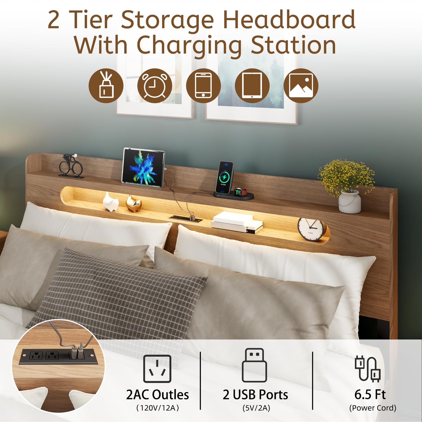 King Size Wood Bed Frame with Storage Headboard, Charging Station & RGB LED Lights, Platform Bed Frame with 2-Tier Shelf, Heavy Duty Wooden Slats Support, No Box Spring Needed, Easy Assembly, Walnut