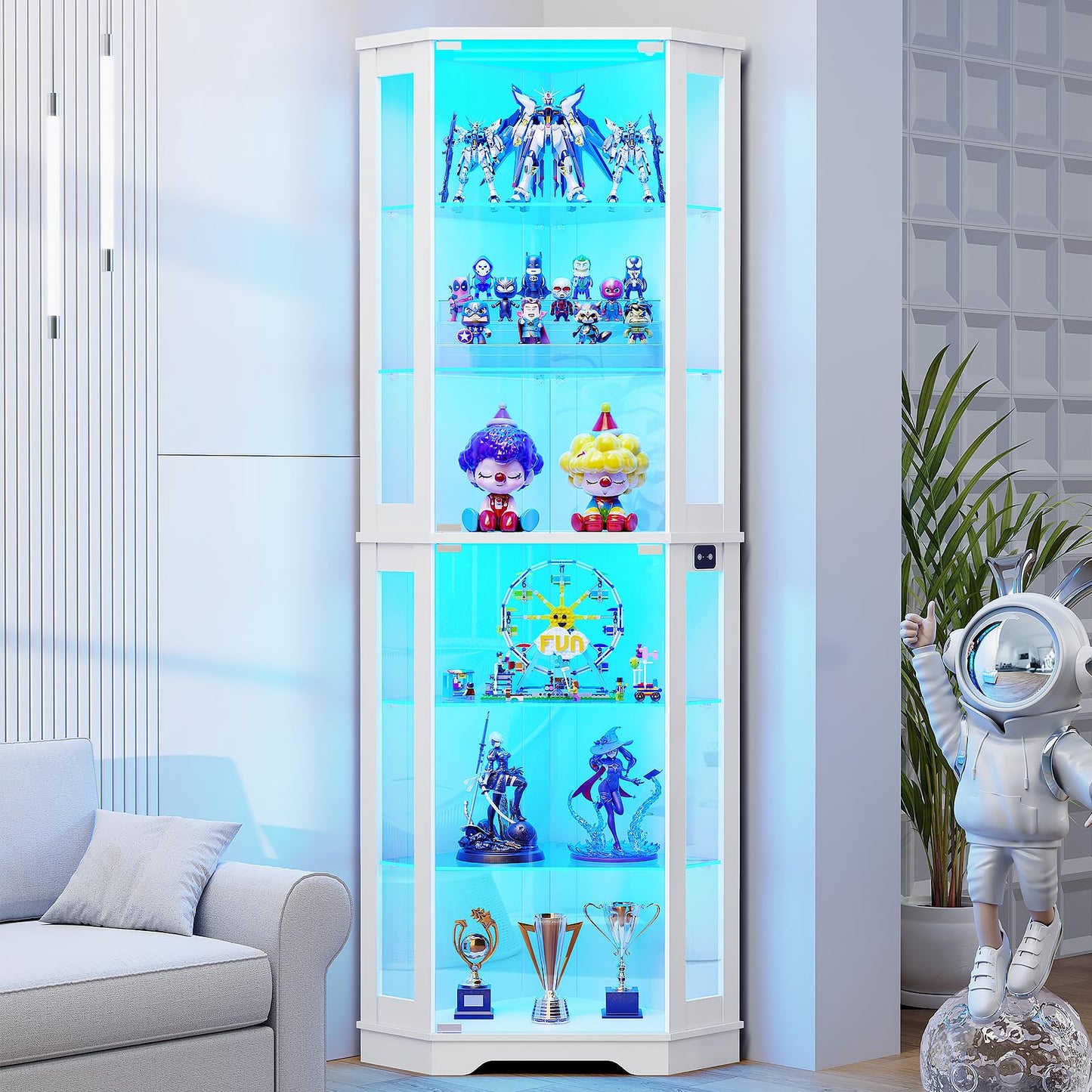 BROTTAR 71" Corner Display Cabinet with Glass Doors, 6 Tier Curio Cabinet with 3 LED Lights & Glass Shelves, Human Body Sensor, Showcase Display Case for Collectibles, White
