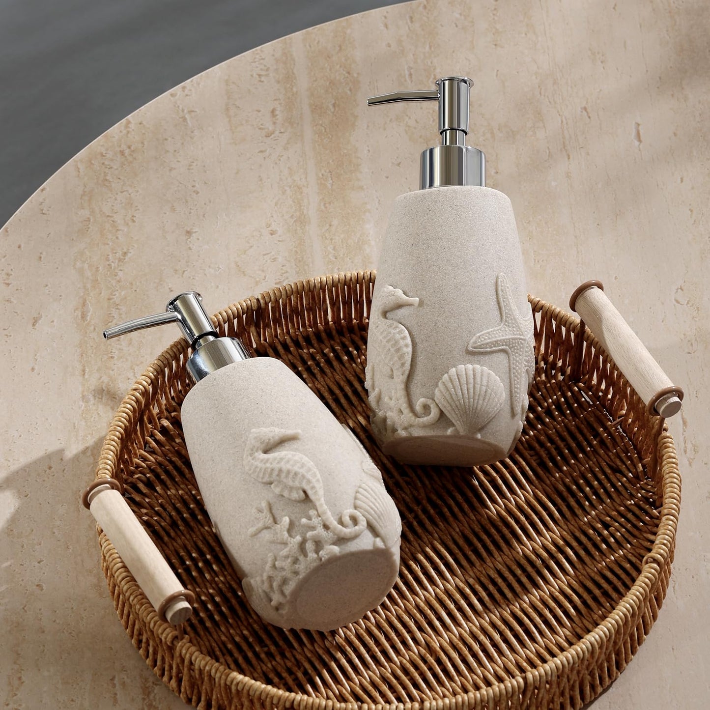 Haocoott Soap Dispensers 350mL 11OZ, 2 PCS Luxurious Ocean Hand Dish Lotion Shampoo Soap Dispenser Jar, Sea Shell Soap Pump Bottles for Kitchen Bathroom Countertop Beige
