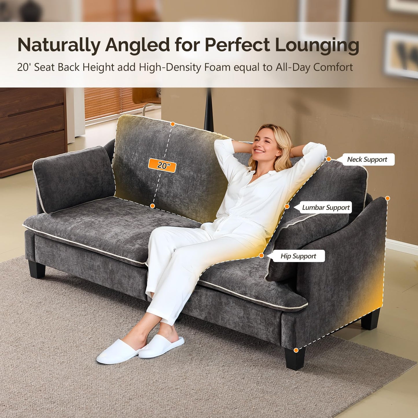 VINGLI 84" Sofa Couch, 3 Seater Extra Deep Seat Upholstered Living Room Couches with 2 Piped Seater Cushions, Throw Pillows, Modern Linen Velvet Fabric Sofa for Apartment, Bedroom, Office