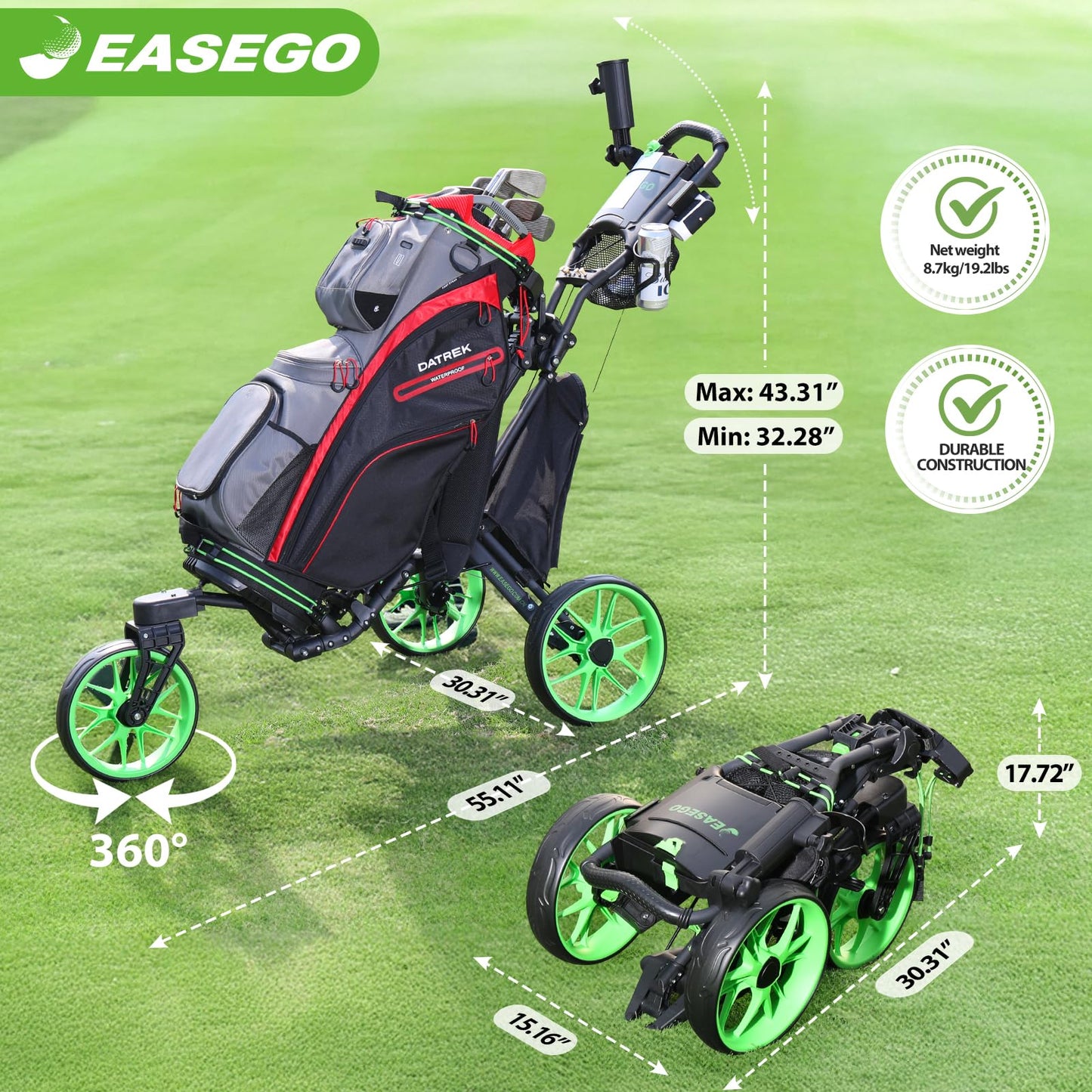 EASEGO Golf Push Cart 3 Wheel : 360° Swivel Front Wheels Golf Walking Carts