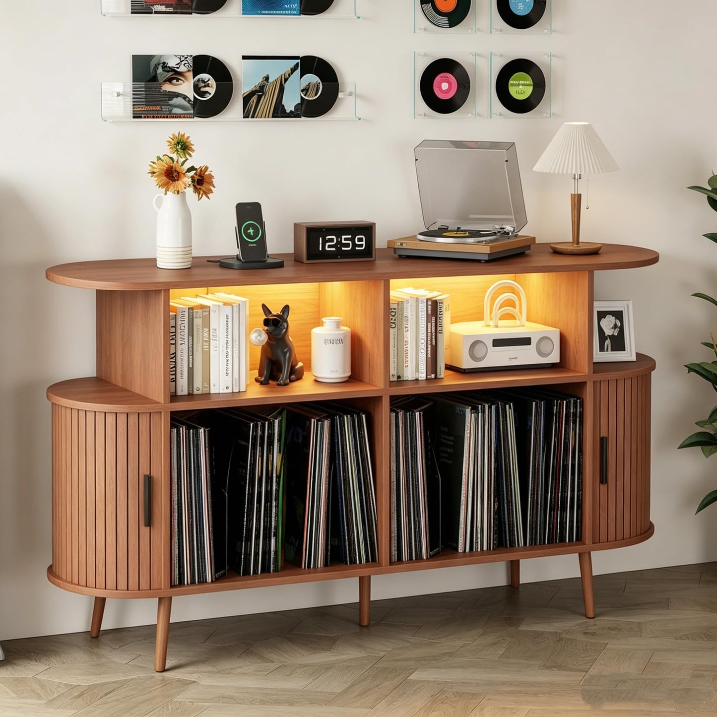 LMSXG-MZ 55.1" Large Record Player Tv Stand with Charging Station & Music-Activated Lights, Mid-Century Modern Vinyl Storage Cabinet W Curved Sliding Doors, Fluted Turntable Stand (Walnut, 55.1")