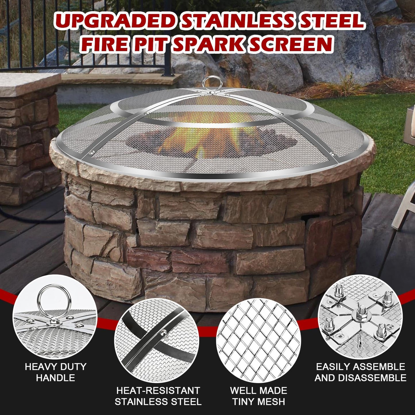 Fire Pit Spark Screen,24 Inch Fire Pit Screen Cover Stainless Steel Outdoor with Handle&Poker,Firepit Screens Cover Round Mesh Lid Heavy-Duty Steel Replacement for Backyard/Beach/RV Camping