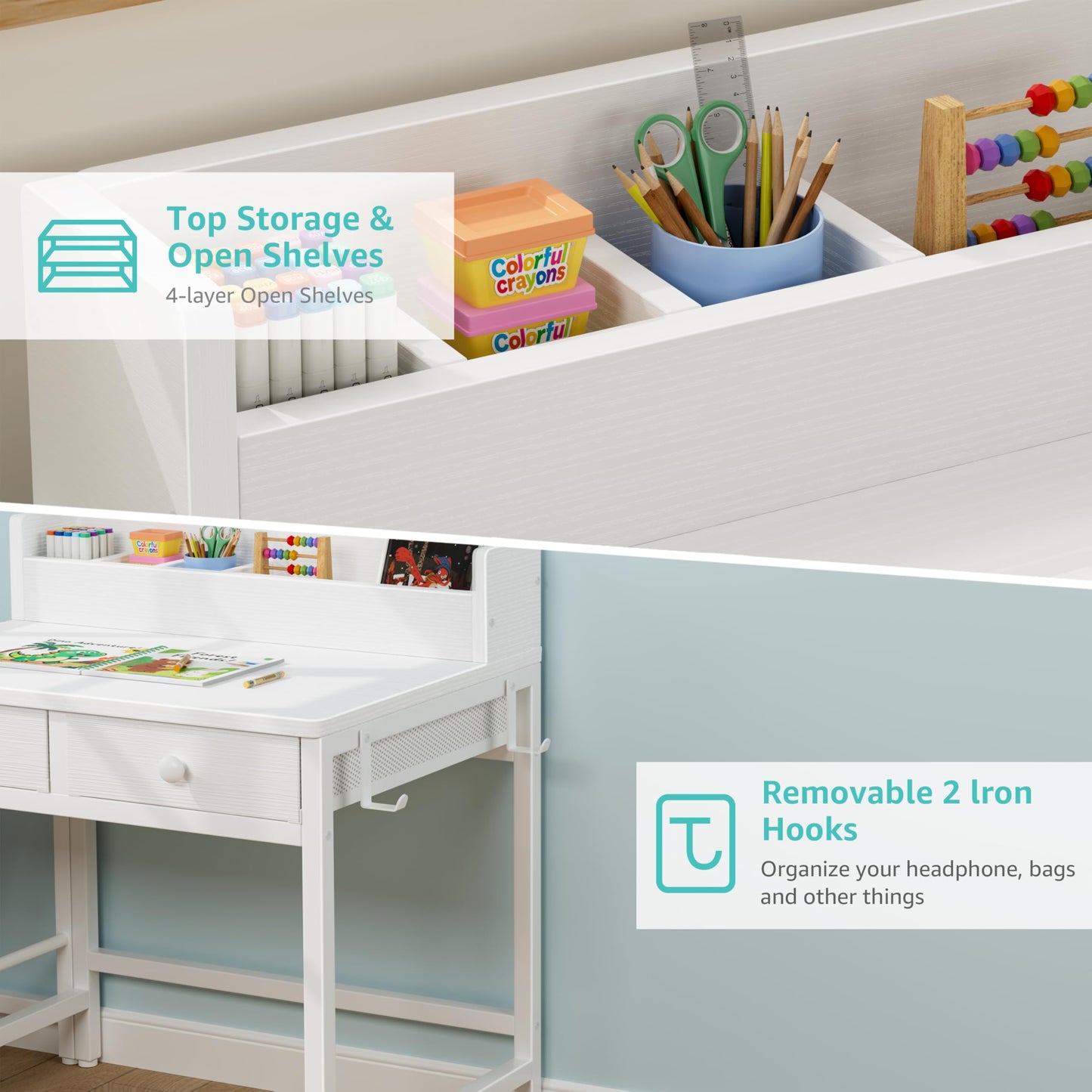 MomZi White Kids Desk and Chair Set for 5-8 Year Old Girls Boys, Small Child Desk with Bookshelf, Children Study Table with Fabric Drawer and Storage